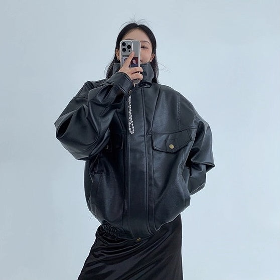 PU Leather Wide Silhouette Biker Jacket OS2024