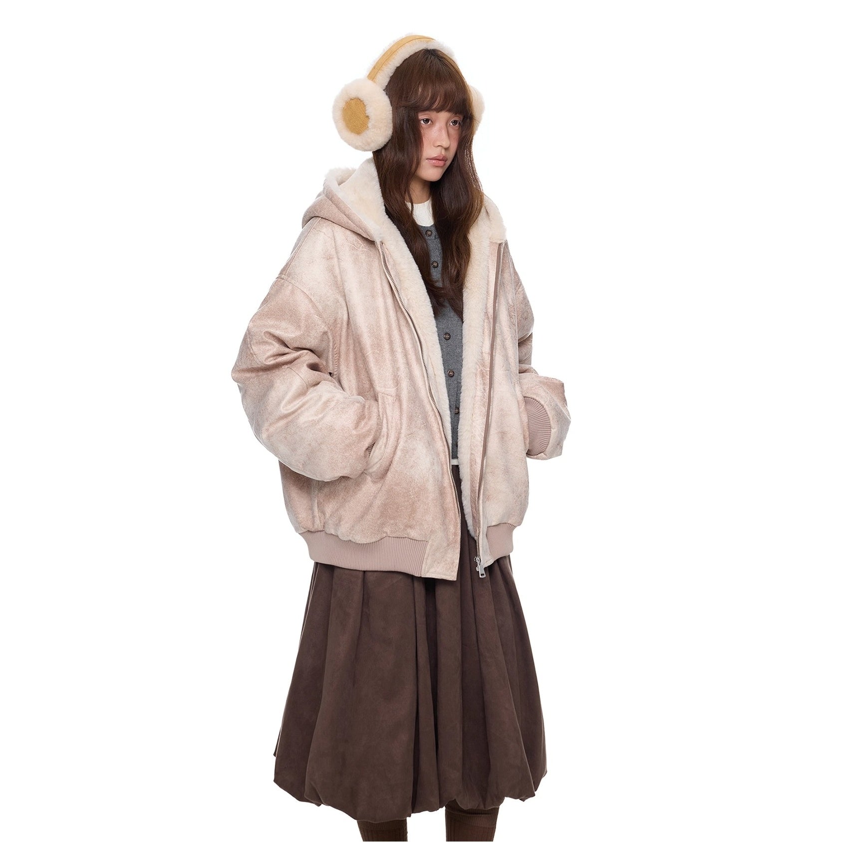 Furry Hooded PU Leather Loose Jacket EZ288