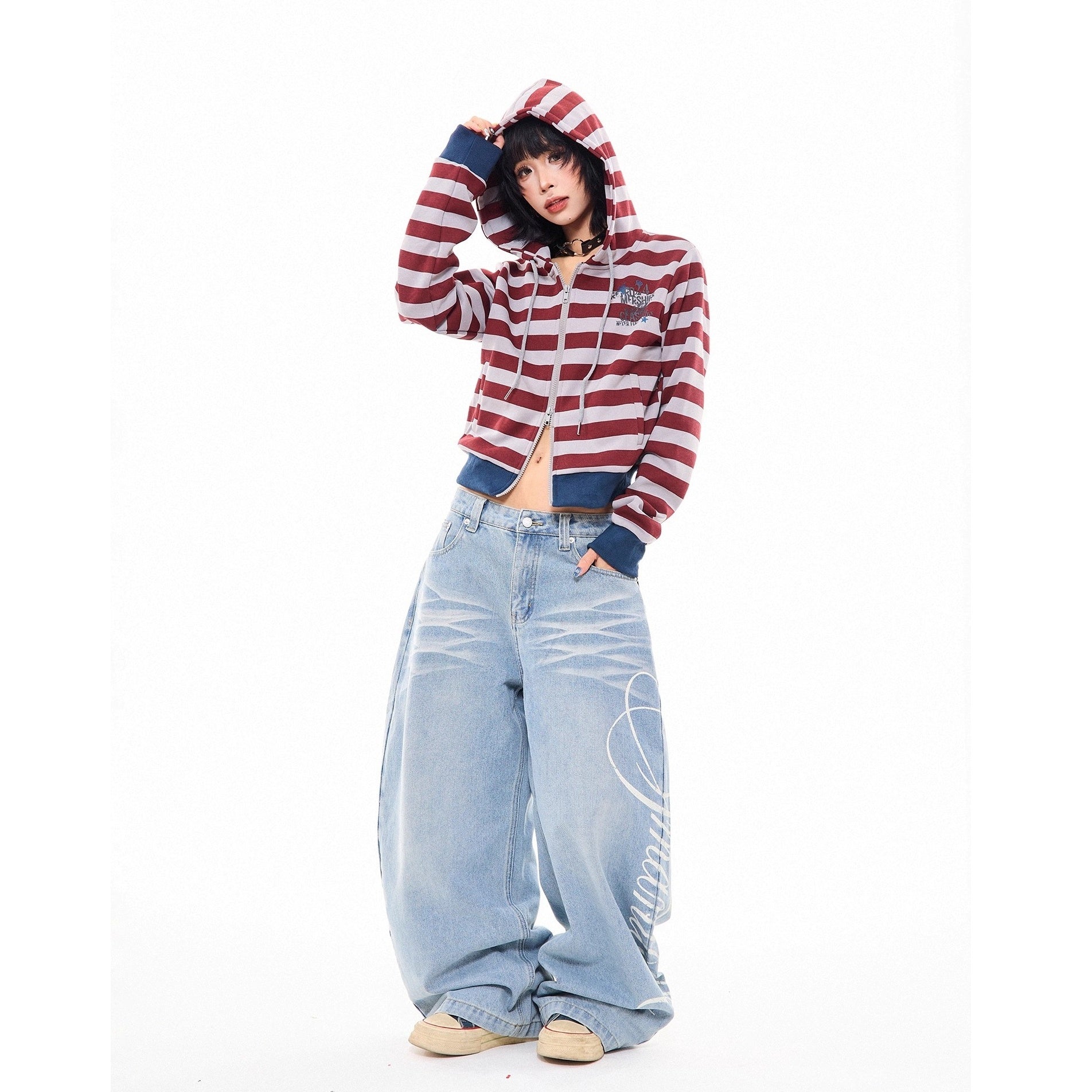 Side Print Washed Cat Whiskers Curve Jeans MW10259