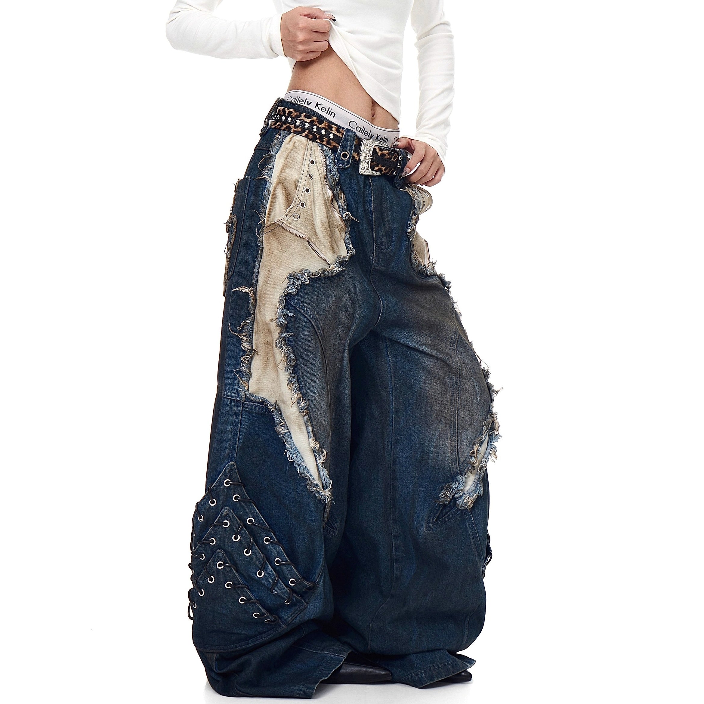 Industry Old Stained Patchwork Wide-leg Jeans BK7017