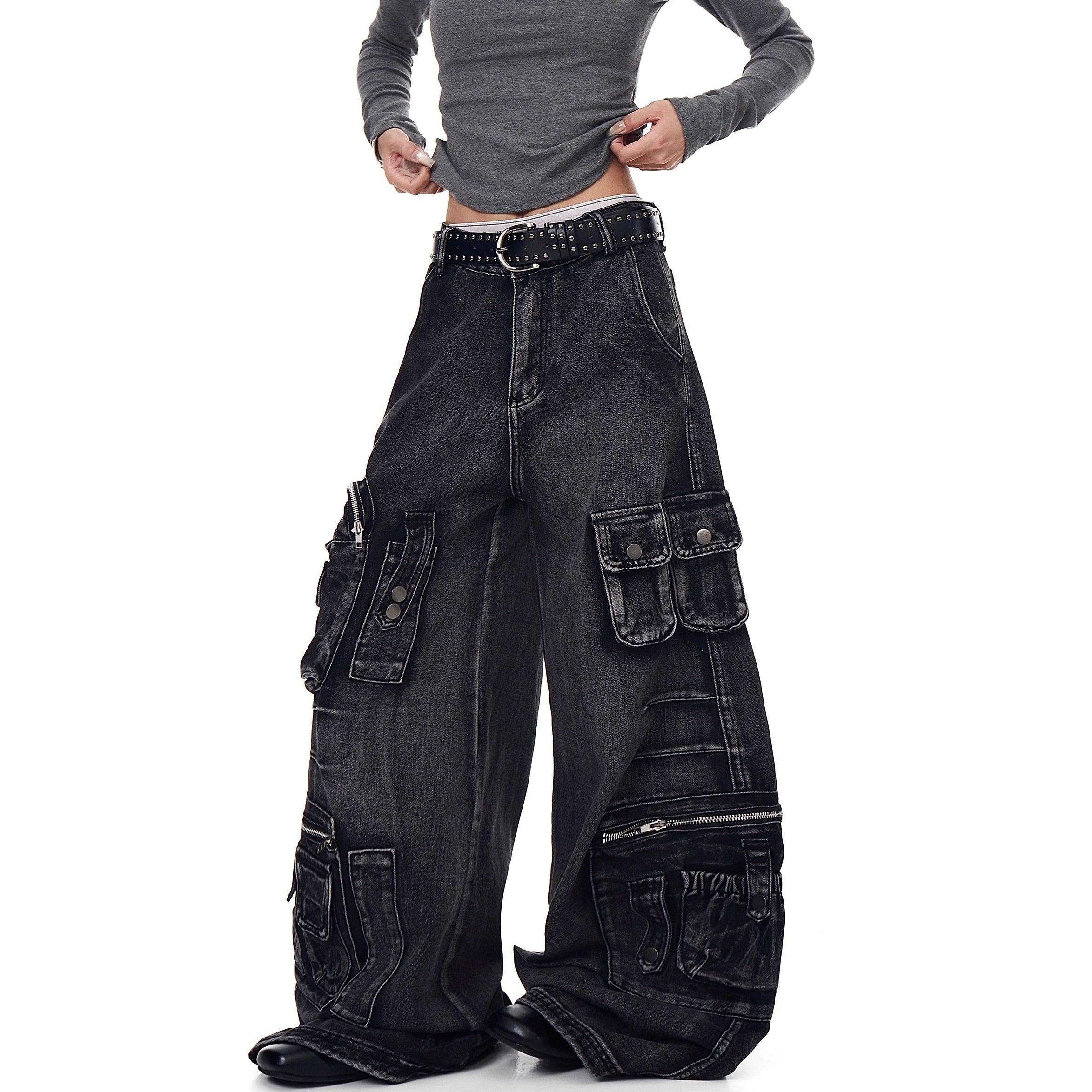 Washed Wide Buggy Cargo Jeans BK7028