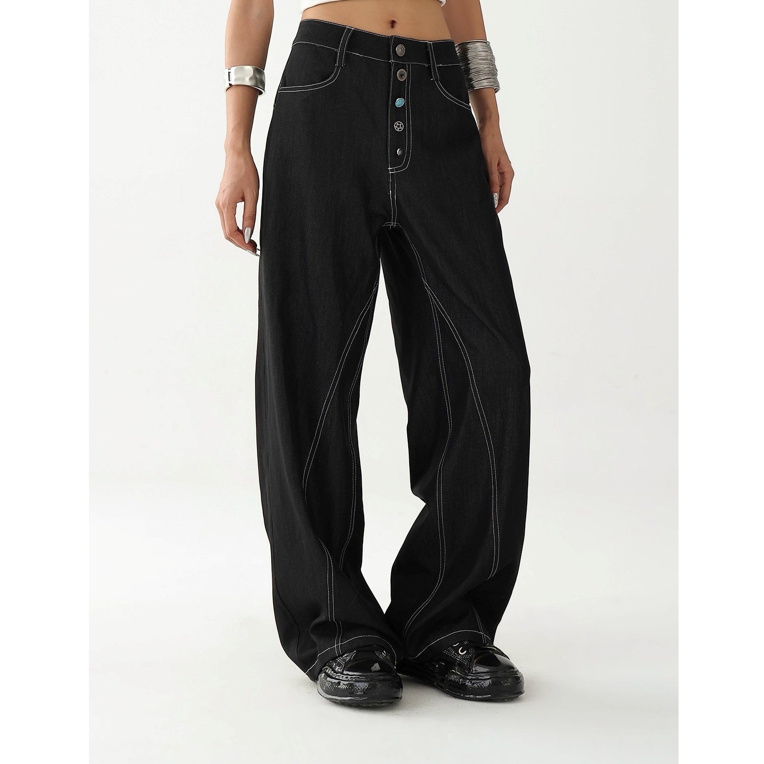 Button  Wide-leg Stitch Pants AC7130