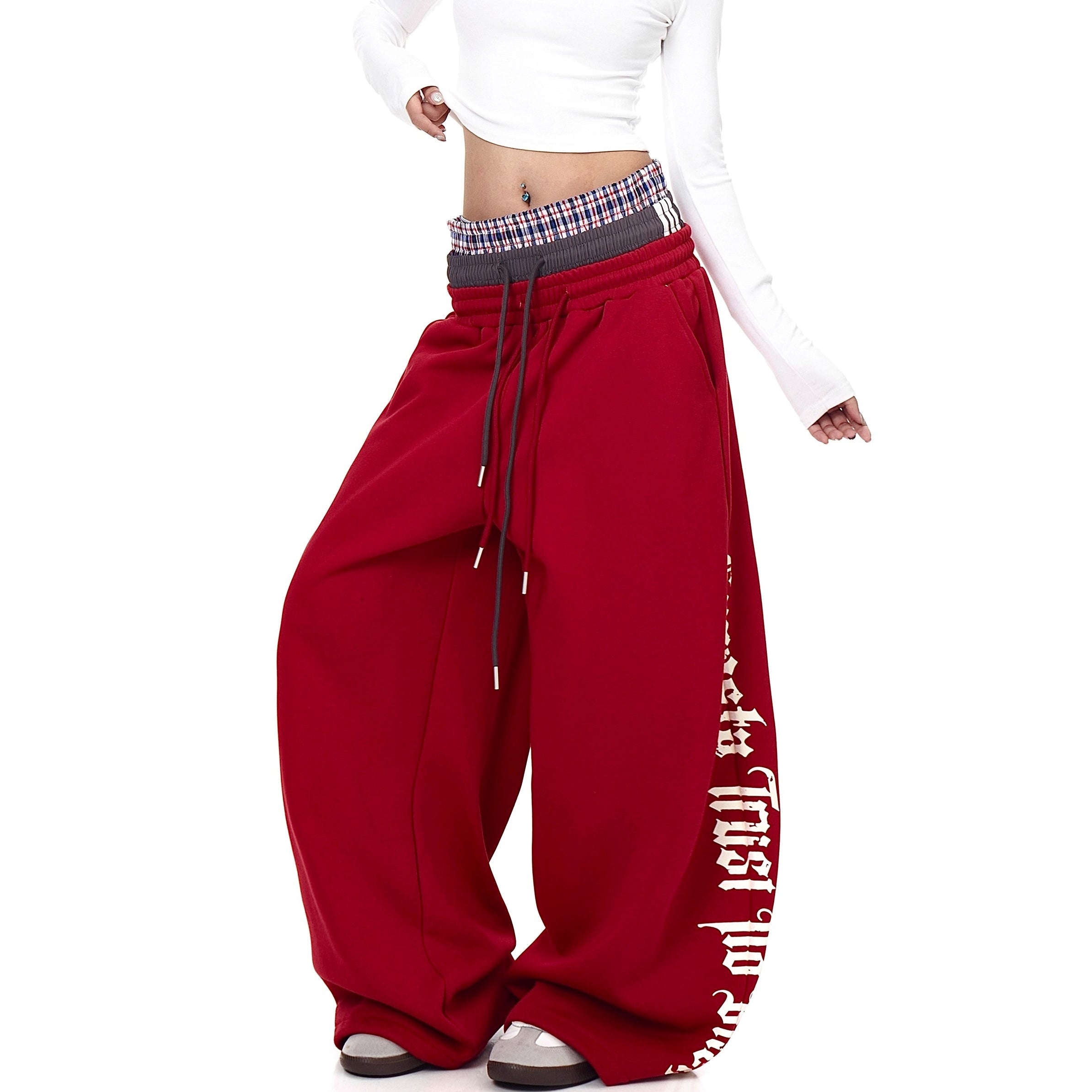 Triple-waist Patchwork Letter Drawstring Sweat Pants BK7063