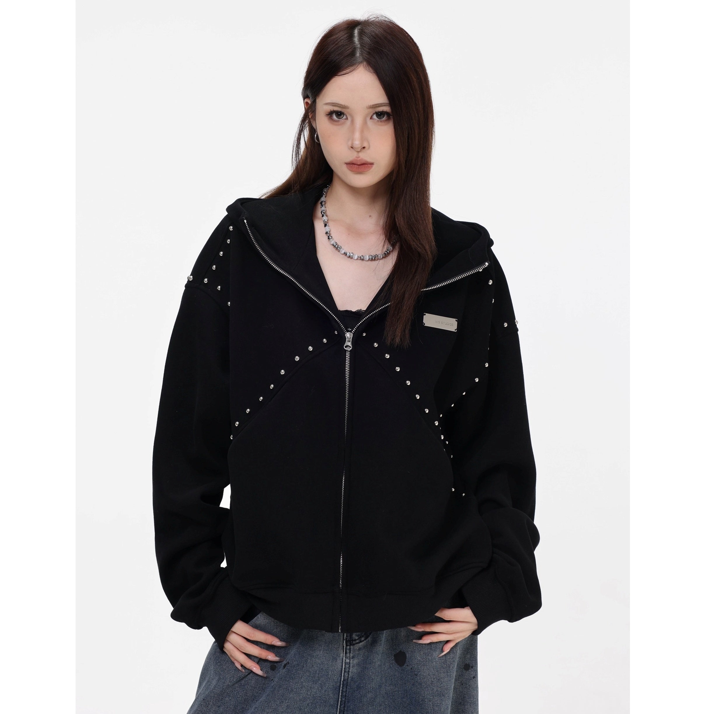 Stitched Rivet Zipper Hooded Jacket IN7016