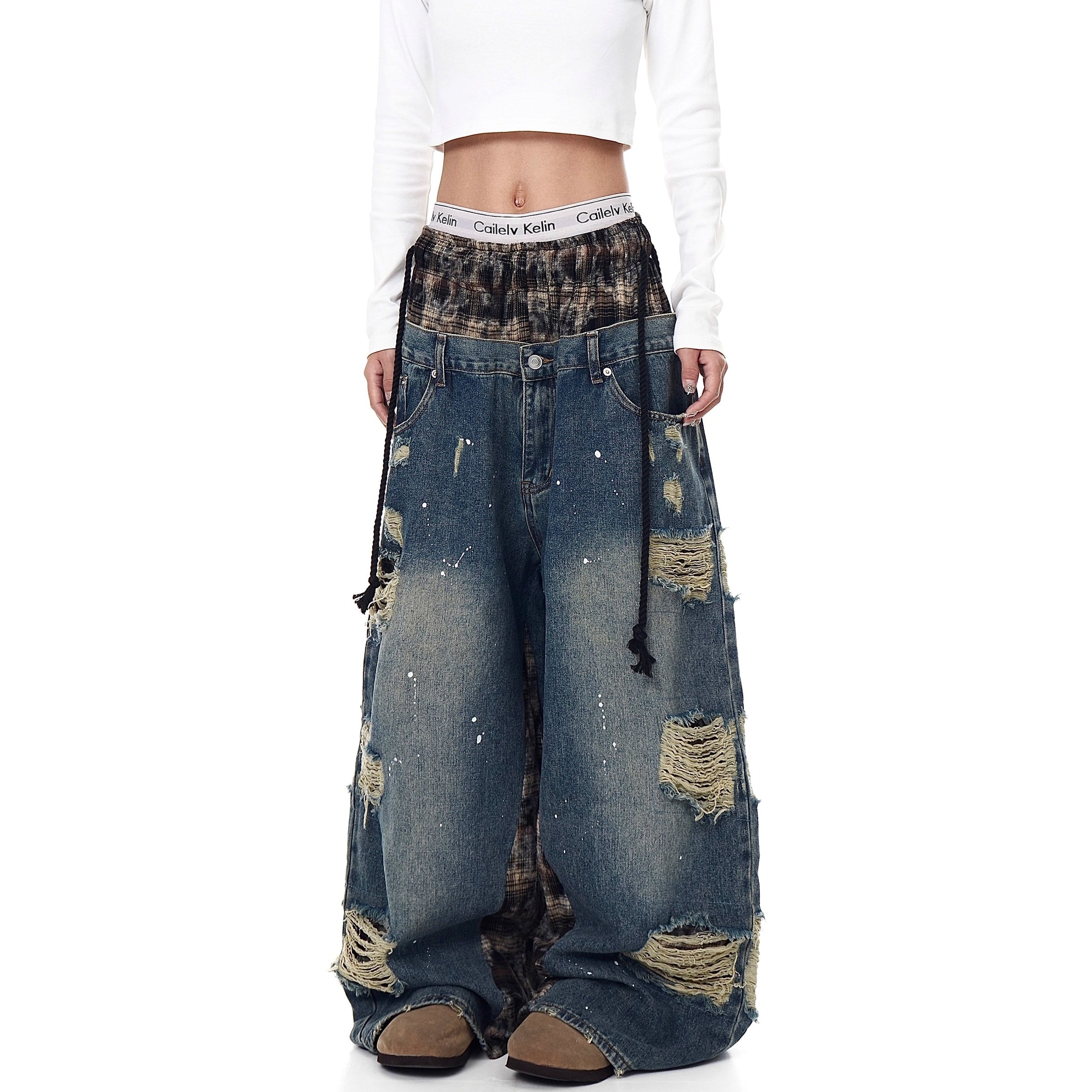 Double Waist Splicing Ripped Curve Jeans MW10273
