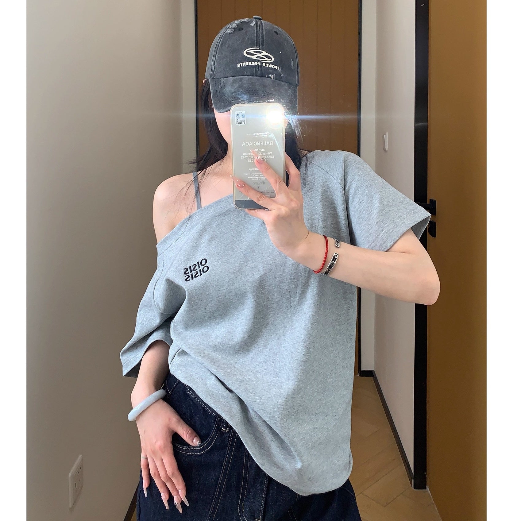 Cropped Slanted Shoulder Embroidered T-shirt OS2017
