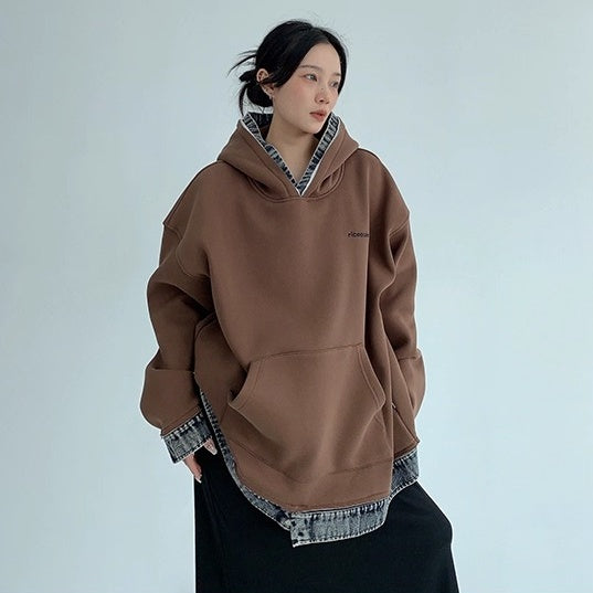 Contrasting Splicing Denim Hooded Sweat OS2056