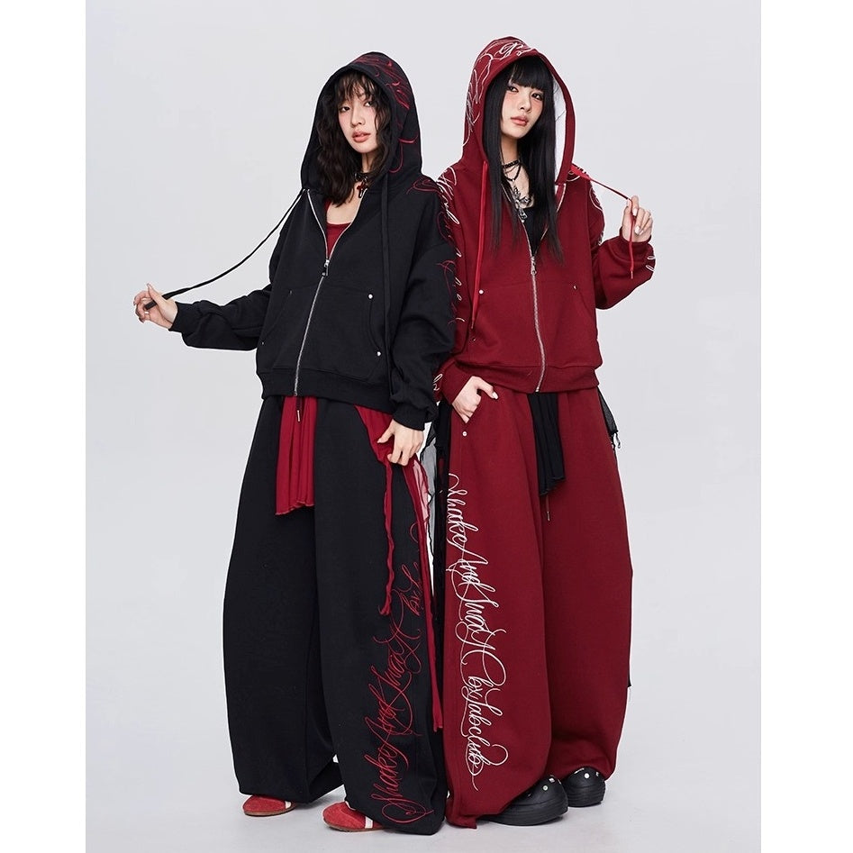 【上下別売り】Gothic Letter Embroidery Hooded Sweat Parka & Pants Set-up CB1001
