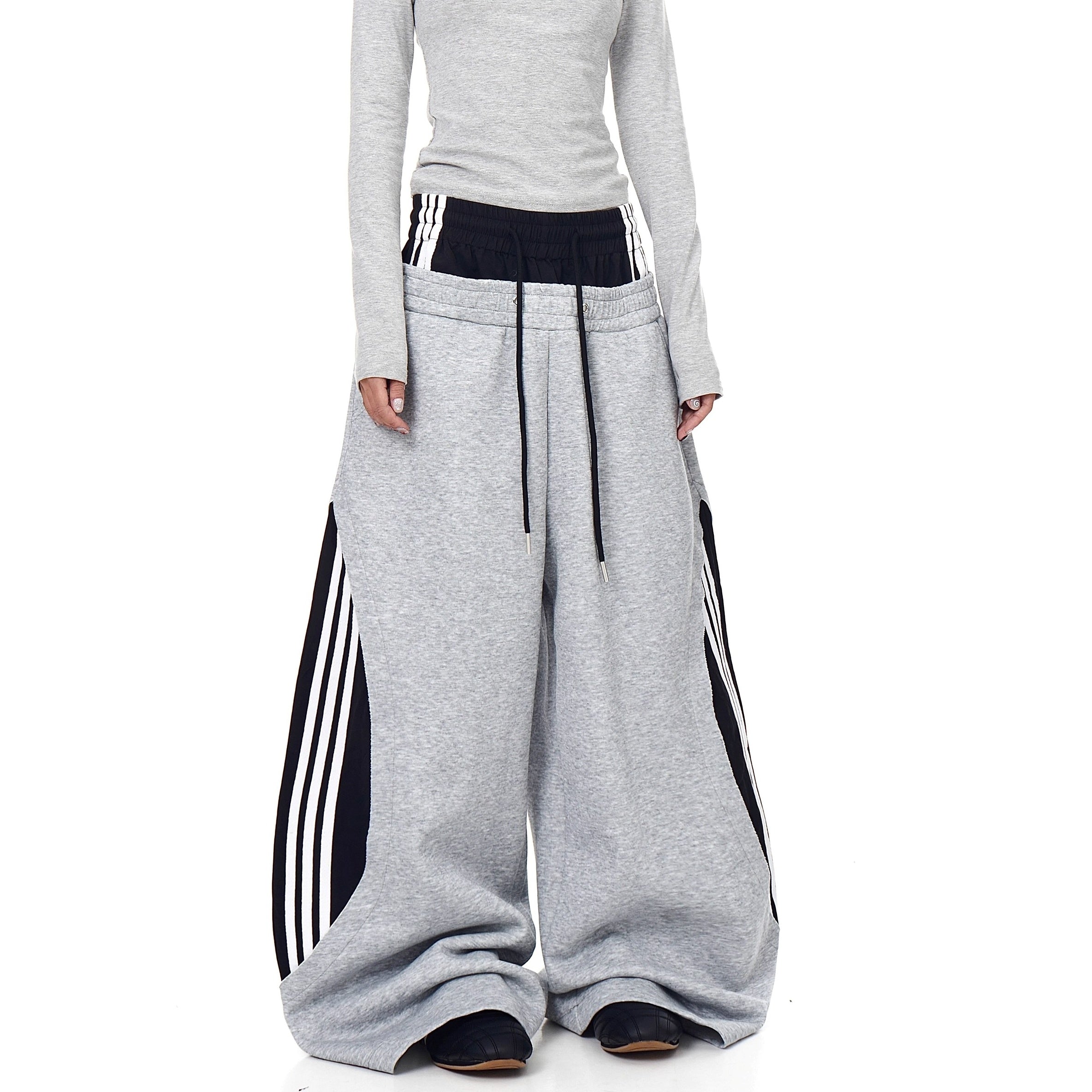 Double-Waist Striped Splicing Scimitar Sweat Pants BK7050