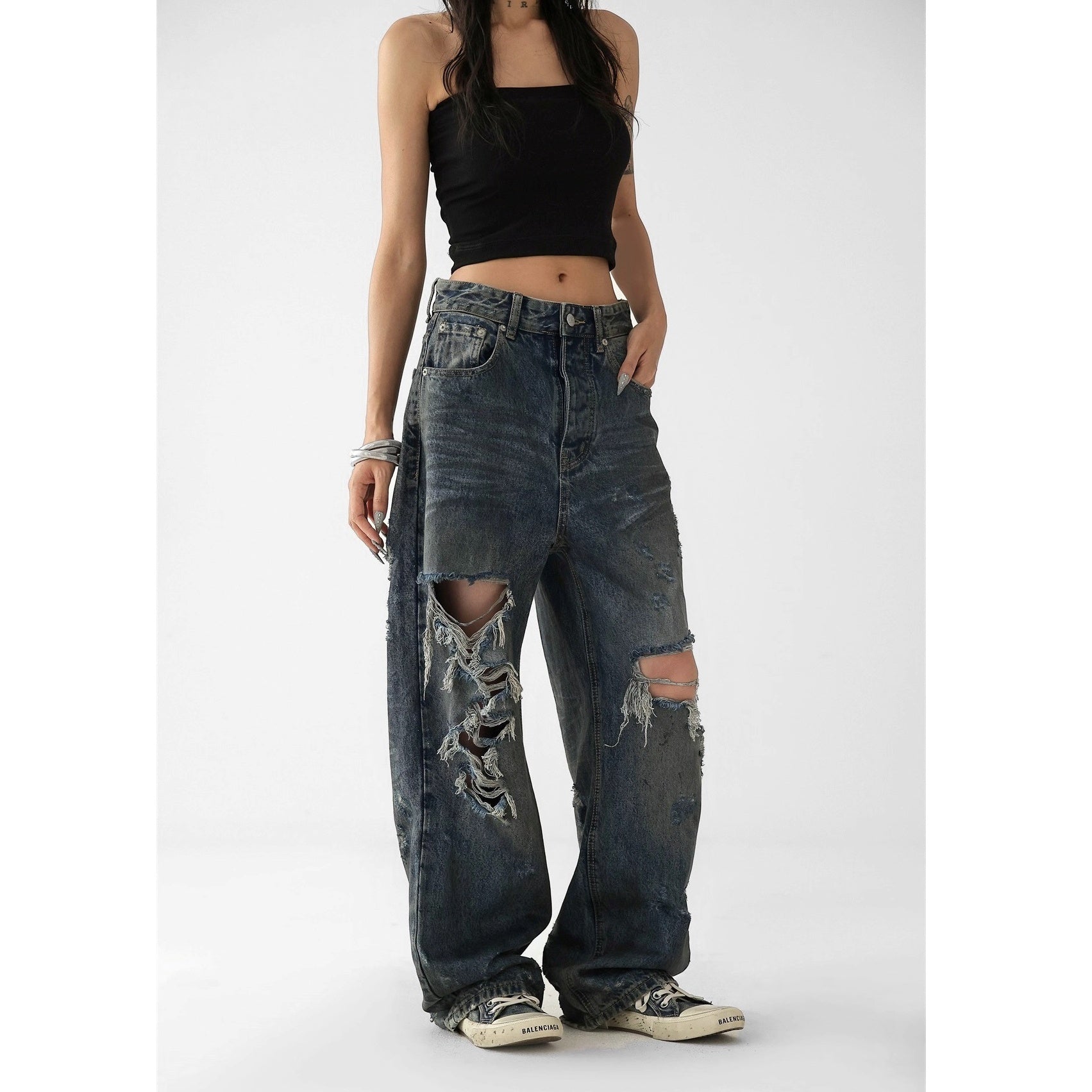 Ripped Oversize Loose Straight Wash Jeans AC7124