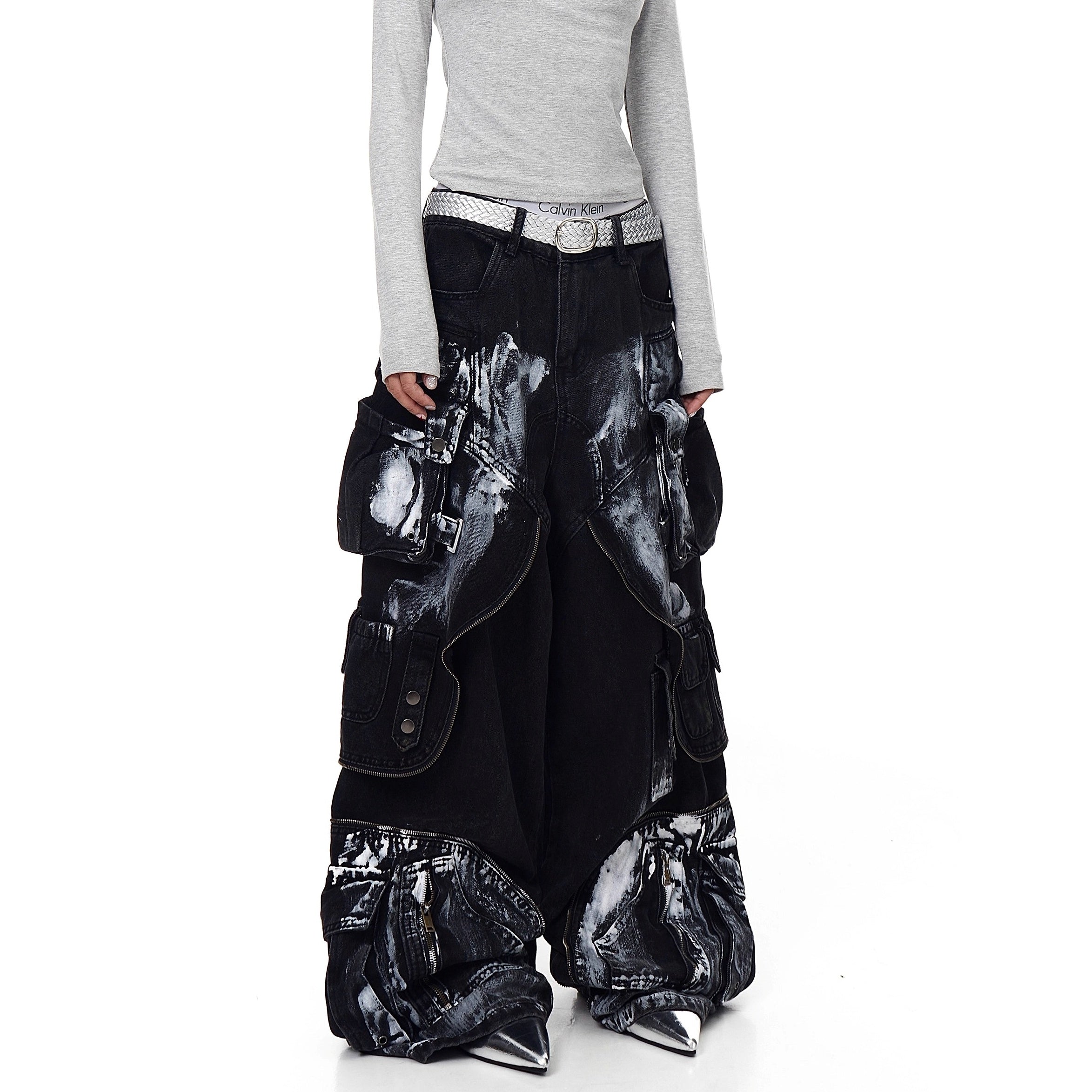 Dirty Worn Zipper Splicing Cargo Jeans BK7043