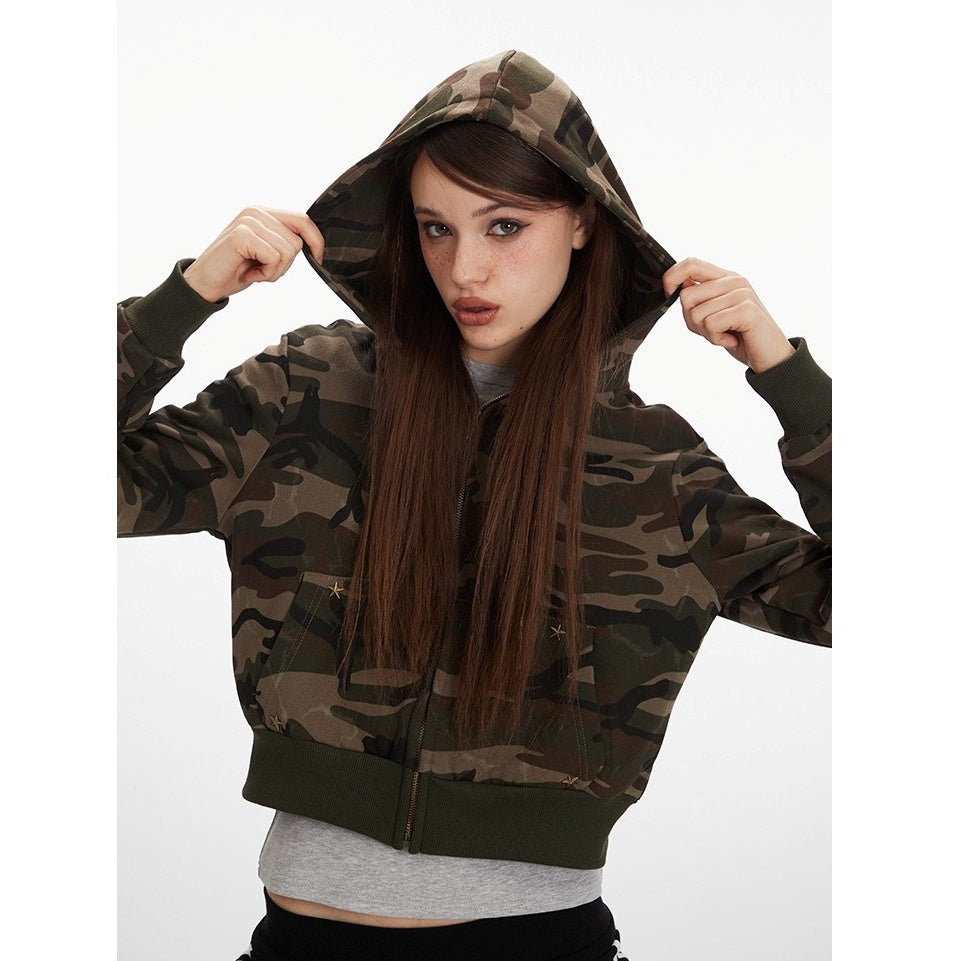 Camouflage Cropped Hooded Sweat Parka MW10292