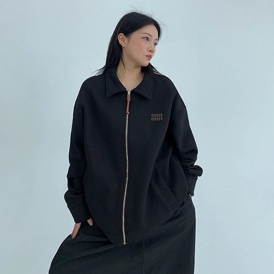 Drop Shoulder Embroidered Lapel Sweat Jacket OS2040