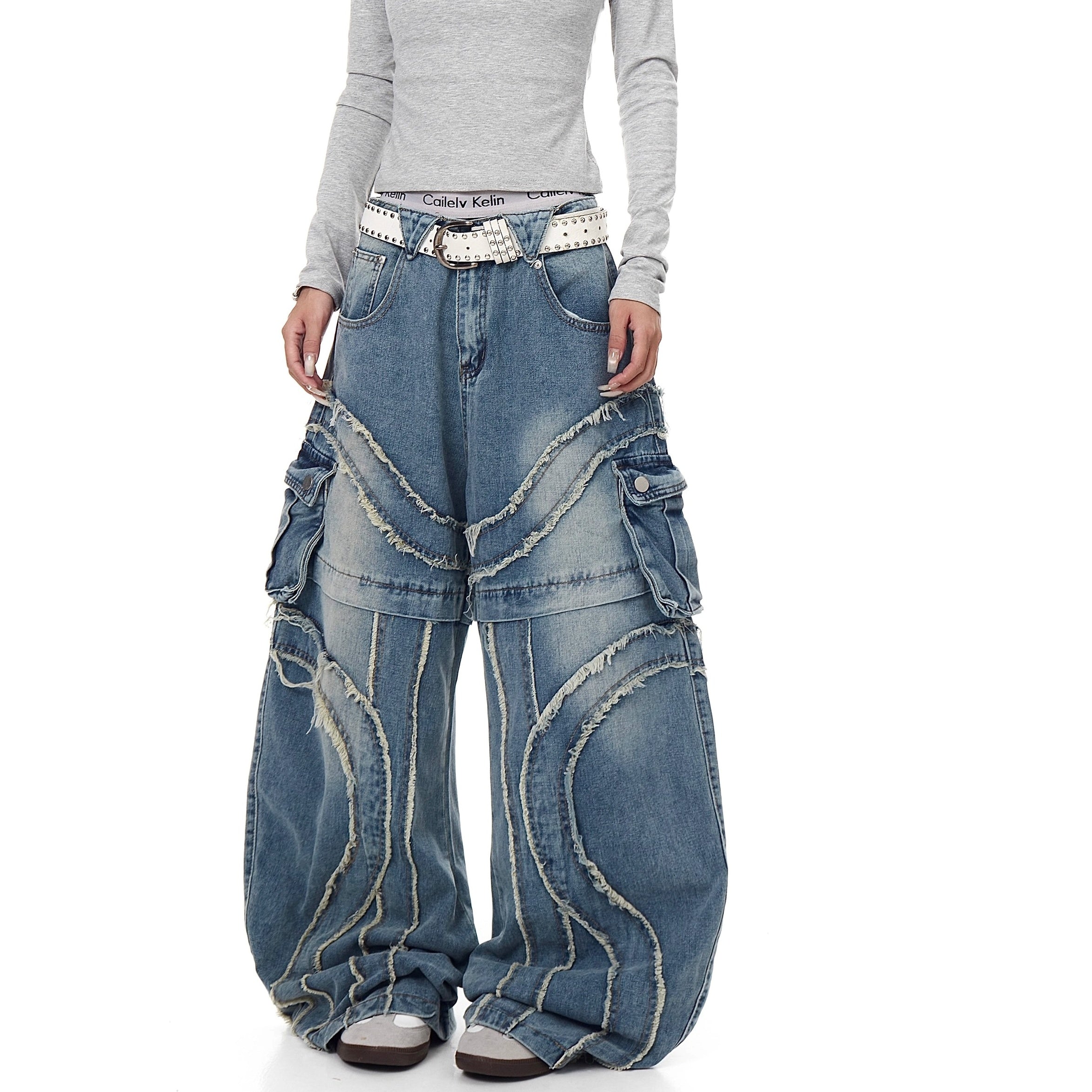 Raw Edge Switching Cargo Curve Jeans BK7027