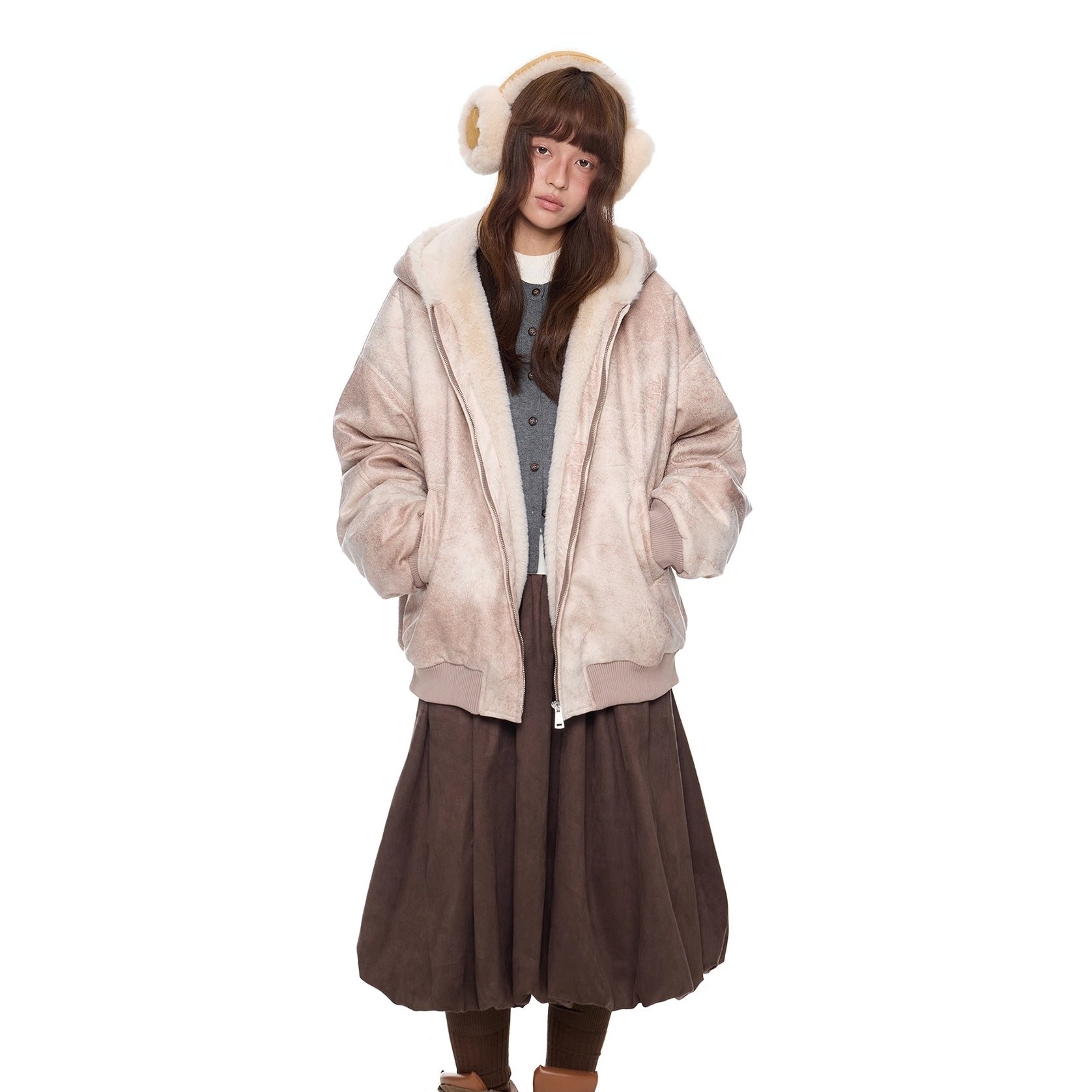 Furry Hooded PU Leather Loose Jacket EZ288