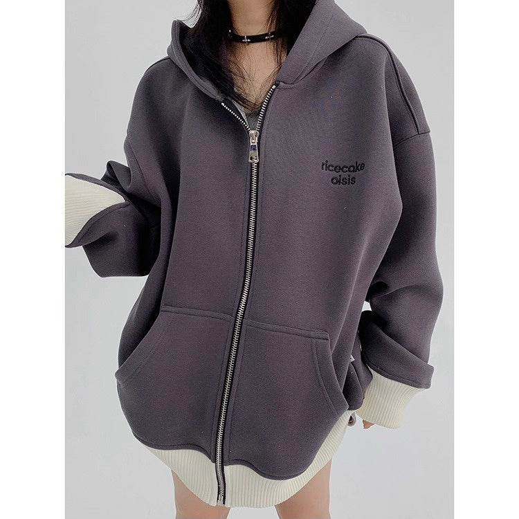 Contrast Embroidery Zip Hooded Jacket OS2043
