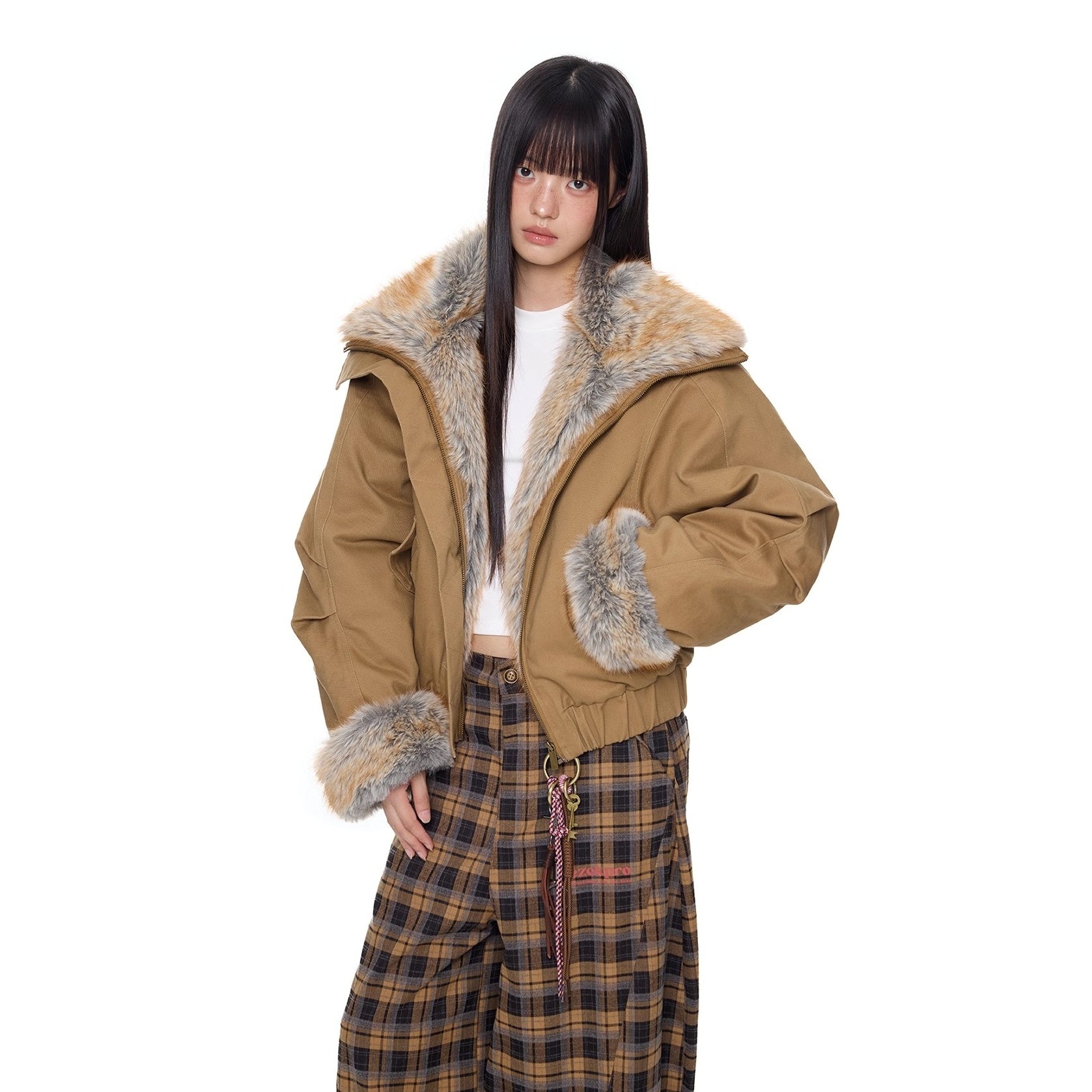 Large Fur Lapel Cropped Jacket EZ294