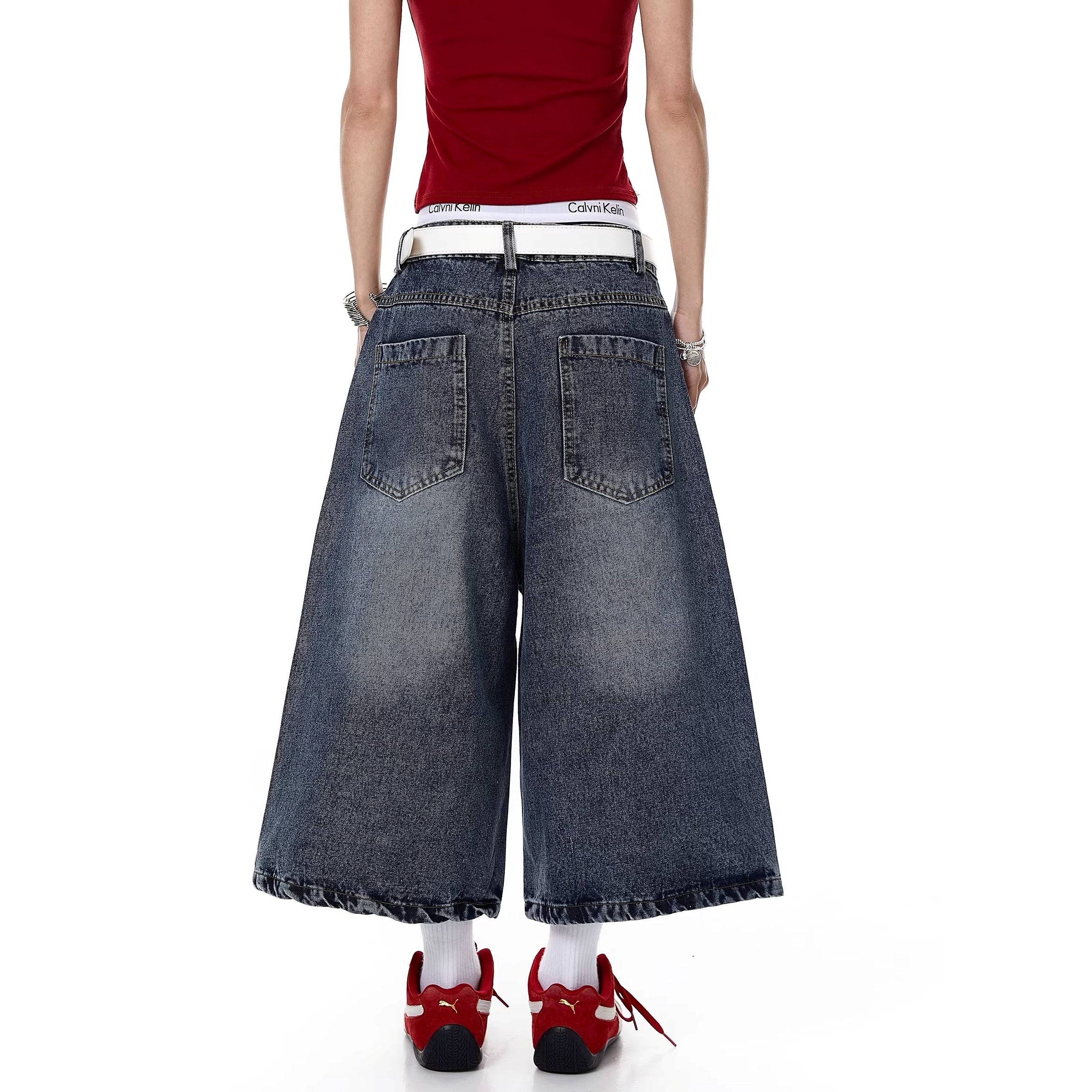 Rhinestone Washed Denim Cropped Pants MW10384