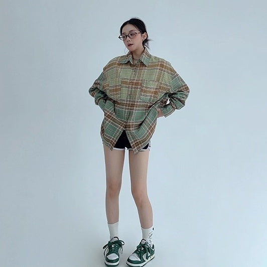 Distressed Gradient Plaid Long-sleeved Shirt OS2022