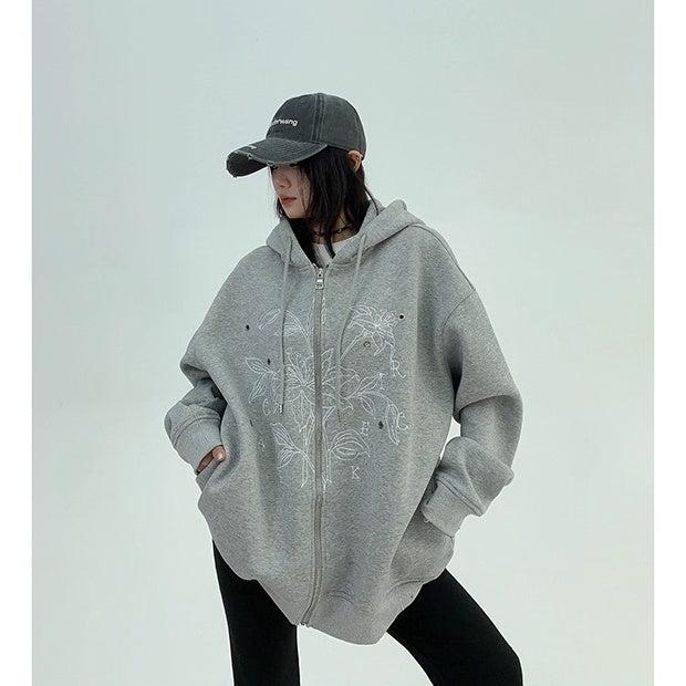Flower Embroidered Loose Hooded Jacket OS2050