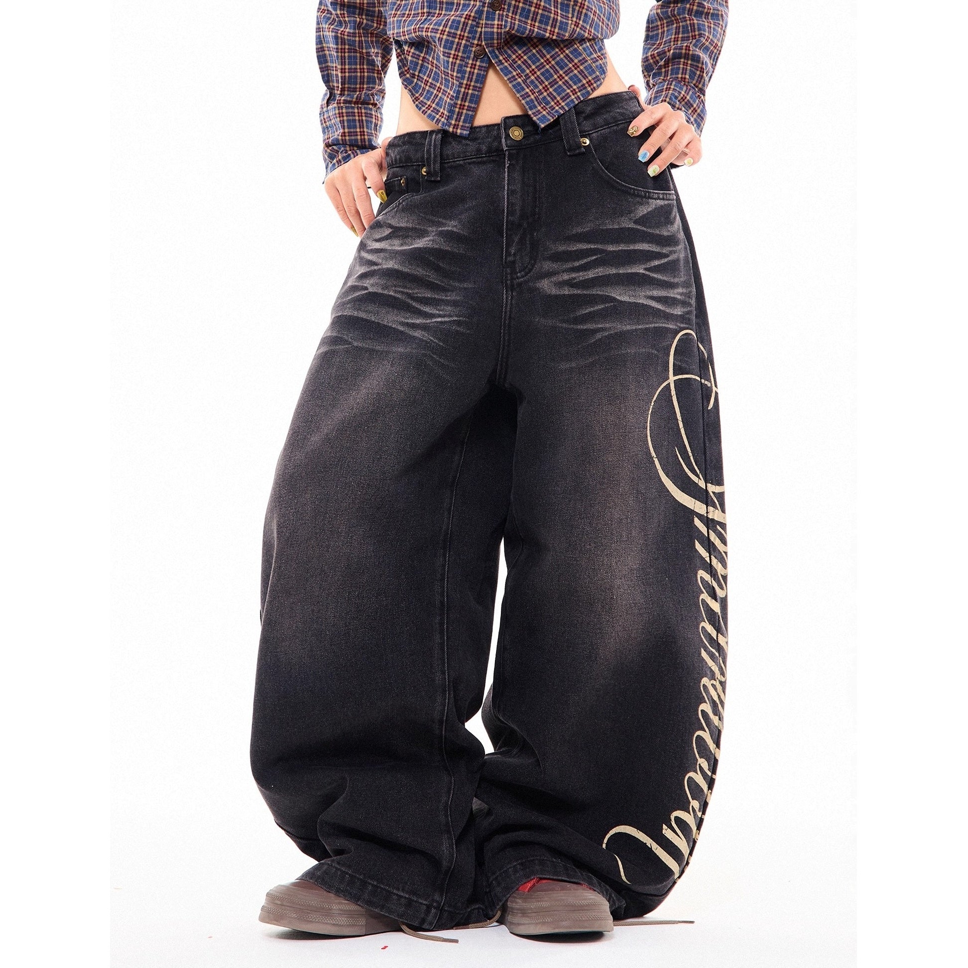 Side Print Washed Cat Whiskers Curve Jeans MW10259