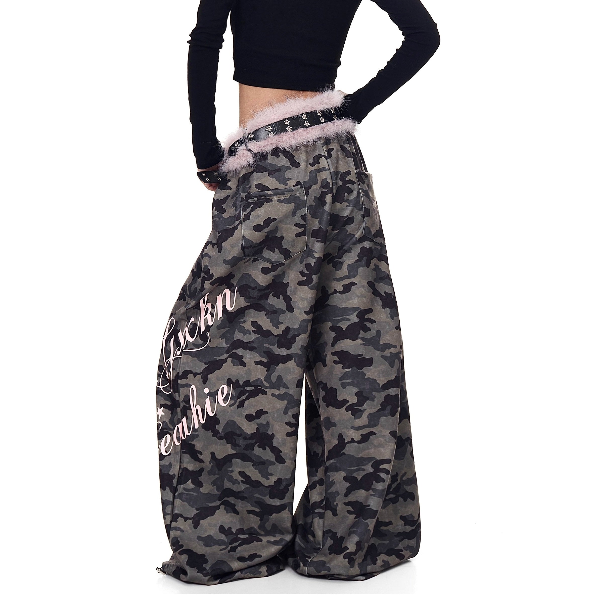Letter Print Wide Sweat Pants With Fur Belt BK7026