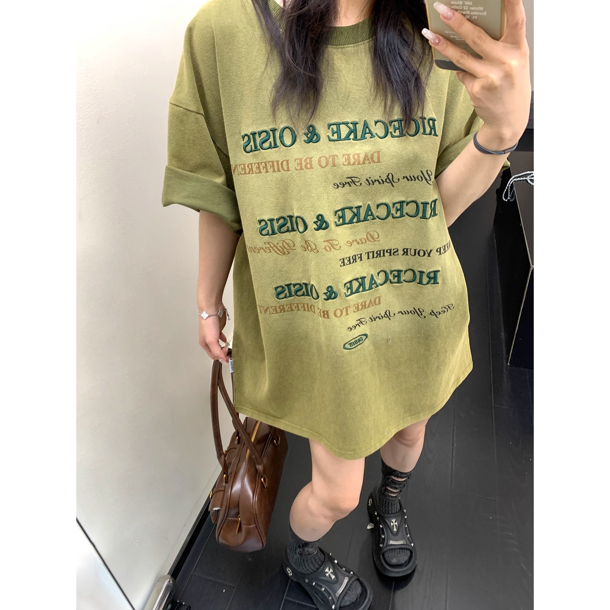 Old Letter Embroidery Loose Washed T-shirt OS2010
