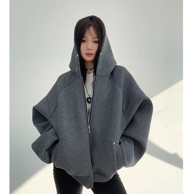 Switching Design Loose Zip Hooded Jacket OS2031