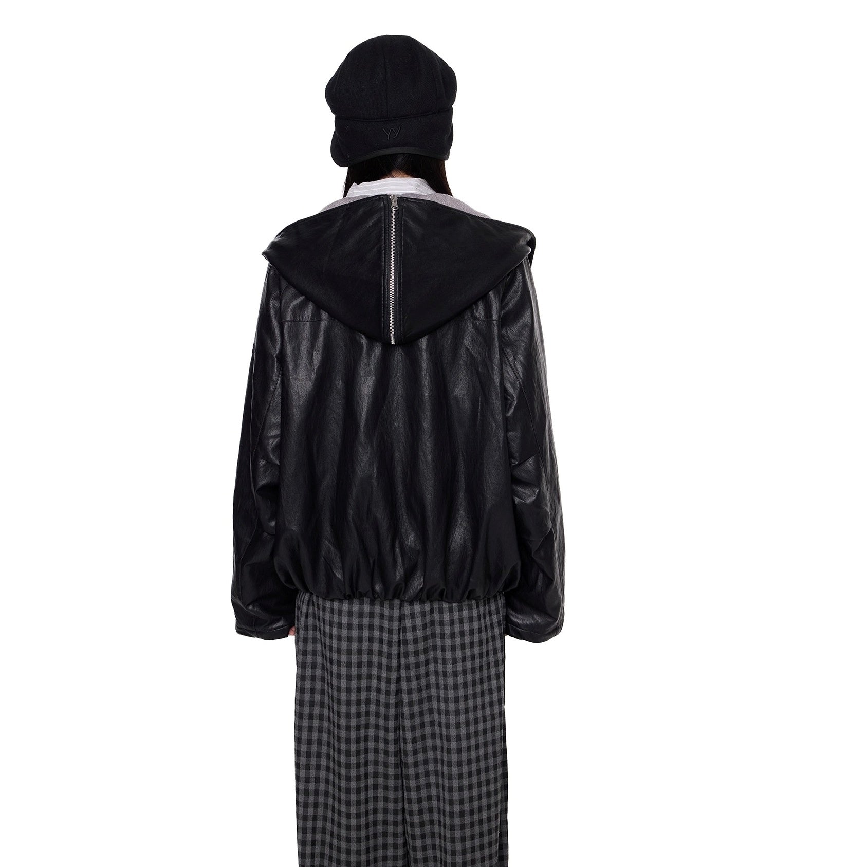 Zipper Split Hood PU Leather Jacket EZ261