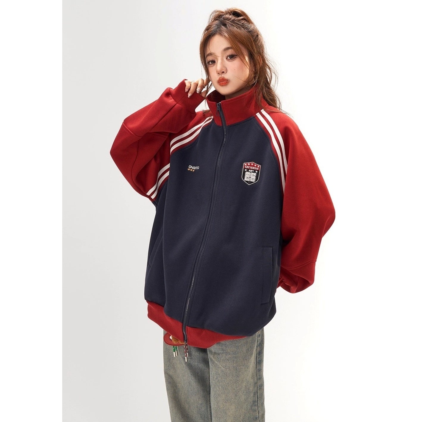 Stand-Collar Raglan Color-blocked Sweat Jacket CA7010