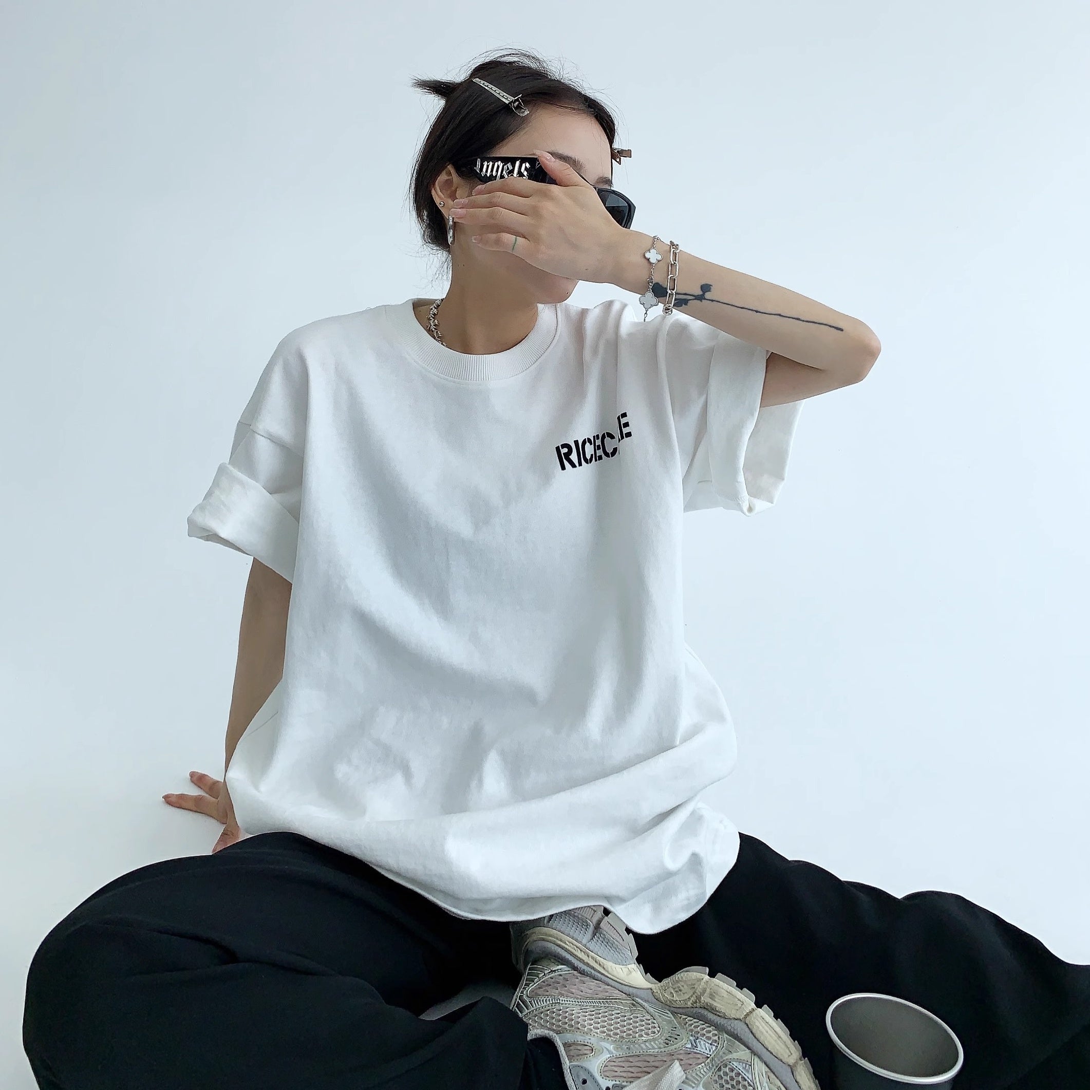 Simple Flocking Print Loose T-shirt OS2006