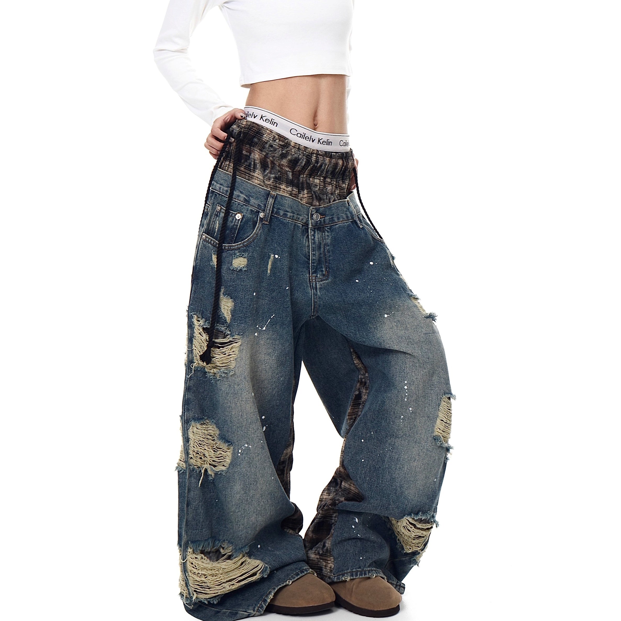 Double Waist Splicing Ripped Curve Jeans MW10273