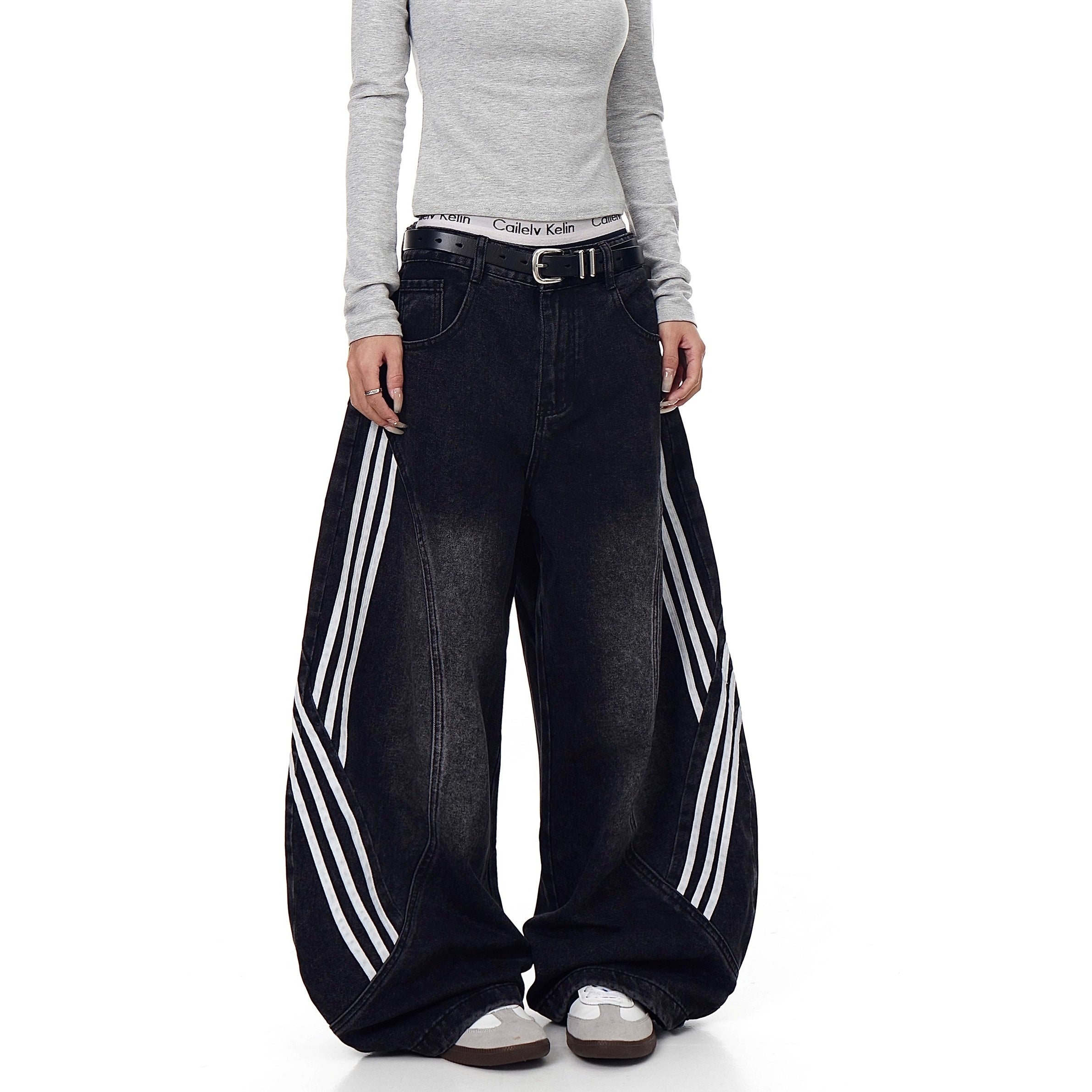 Striped Patchwork Washed Scimitar Jeans BK7031