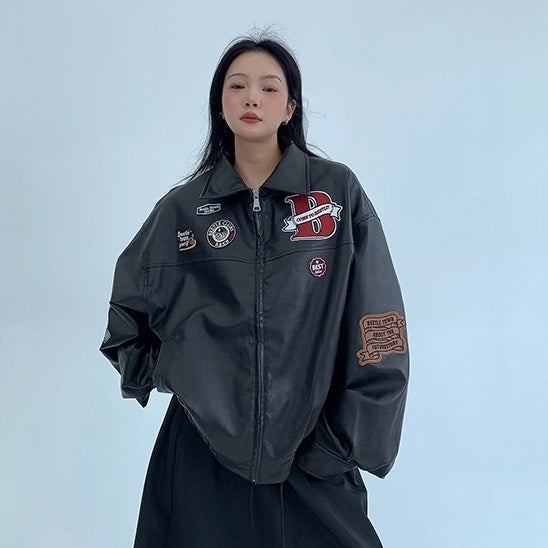 Vintage PU Leather Loose Embroidered Jacket OS2028