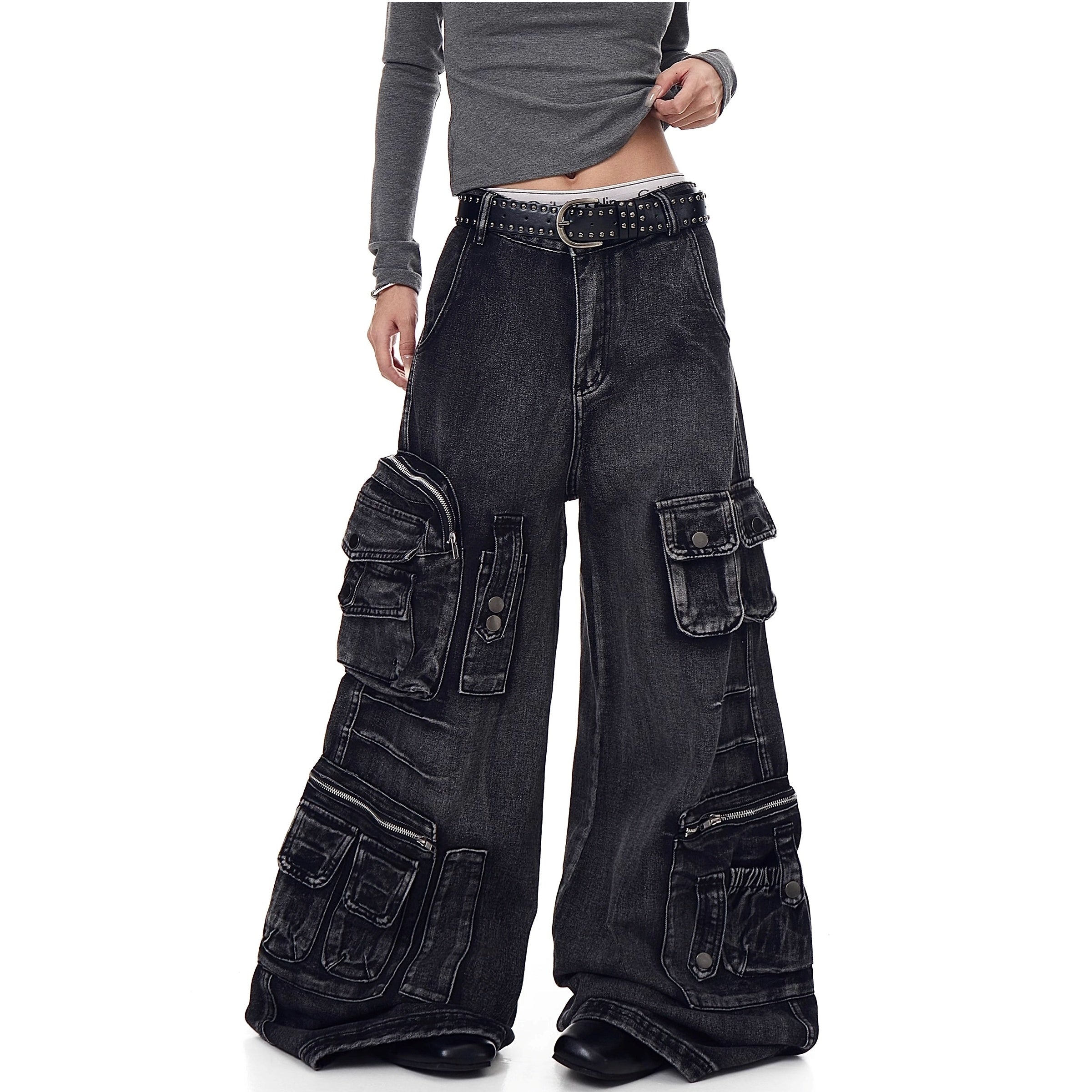 Washed Wide Buggy Cargo Jeans BK7028