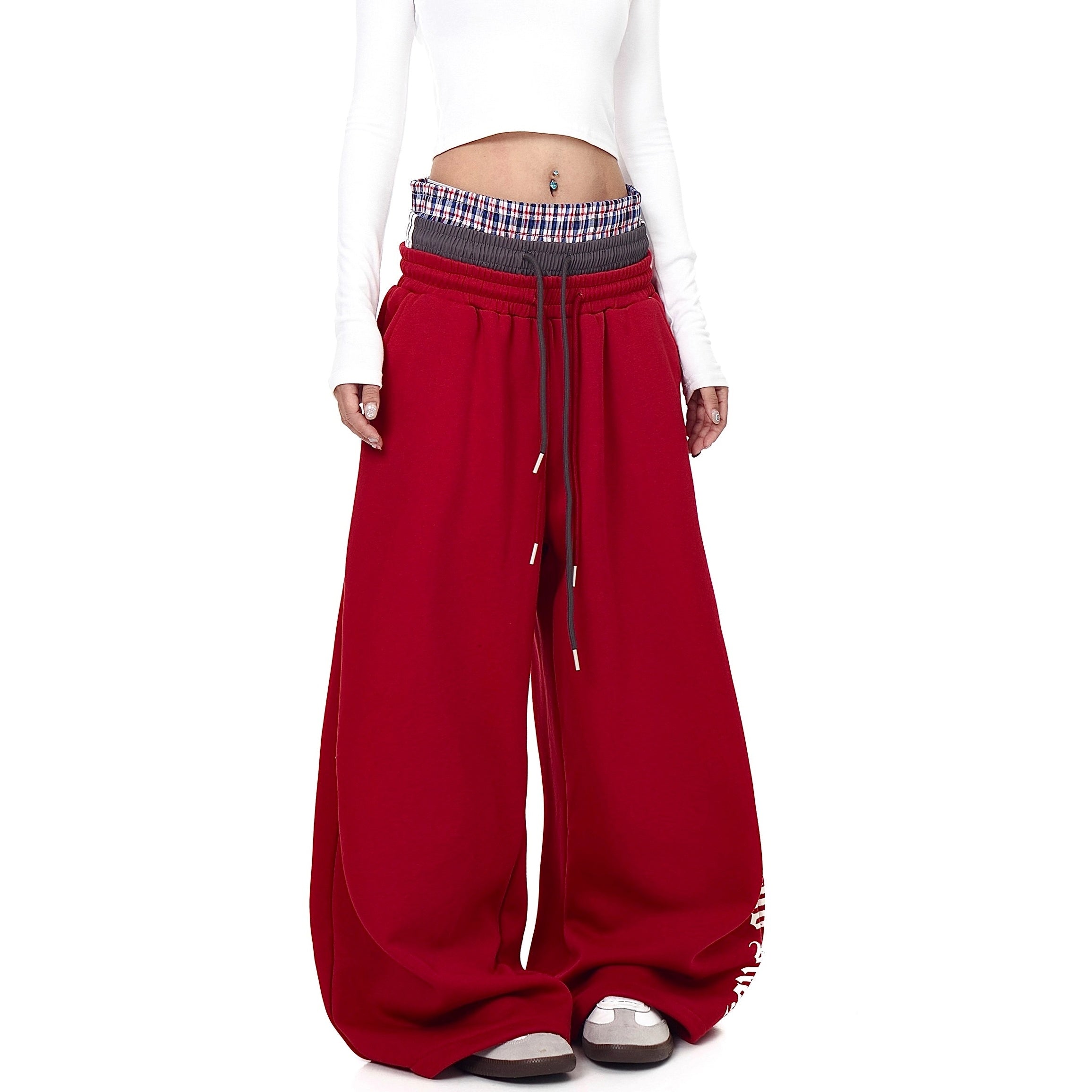 Triple-waist Patchwork Letter Drawstring Sweat Pants BK7063