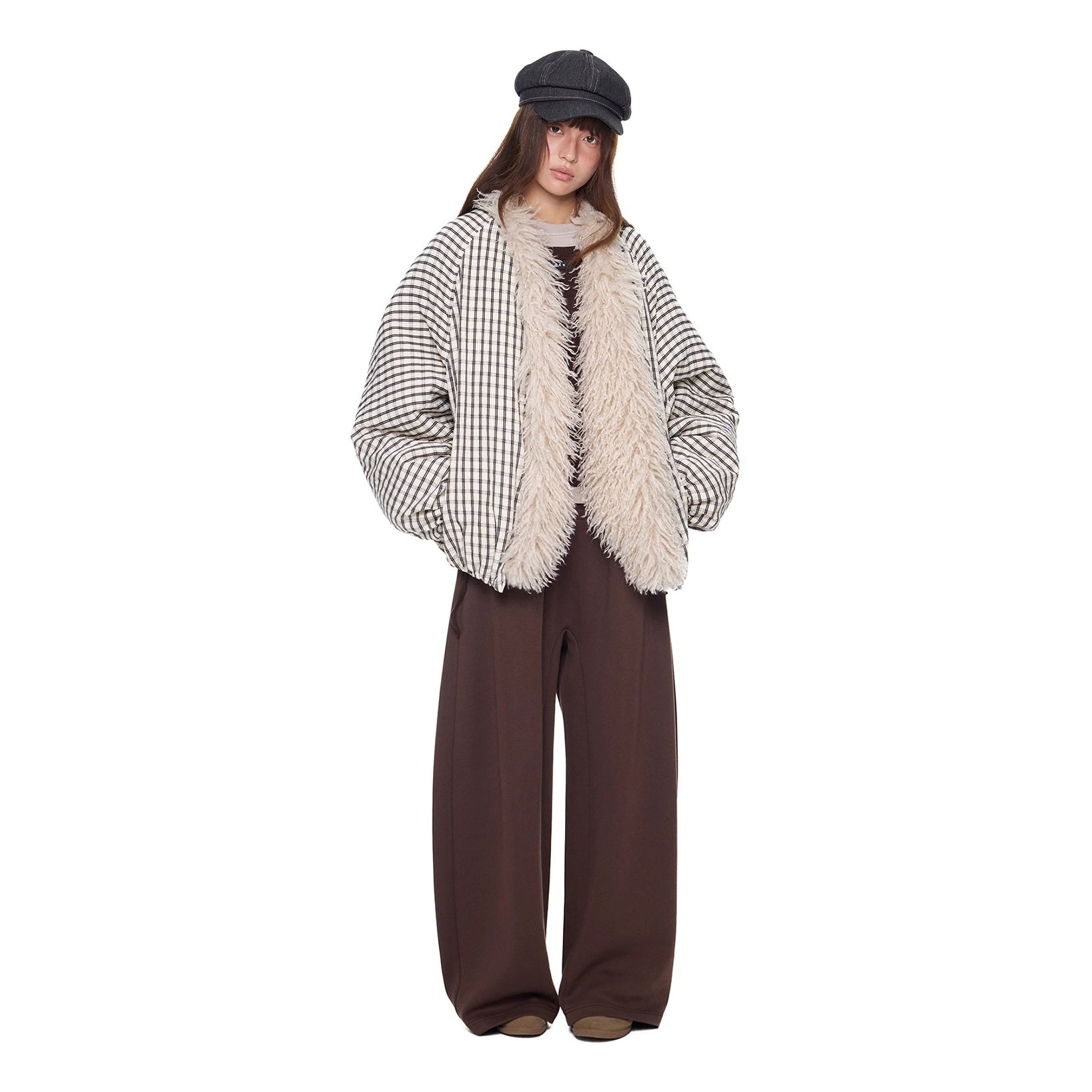 Plaid Fur No-Collar Padded Jacket EZ292