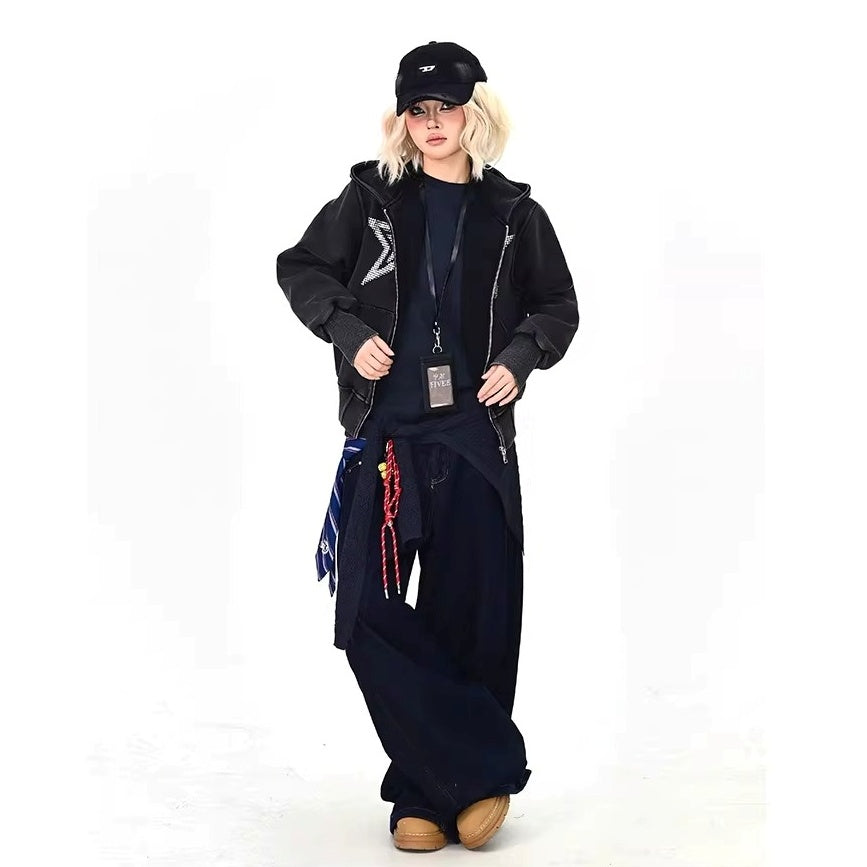 Rhinestone Star Decoration Hooded Parka MW10387
