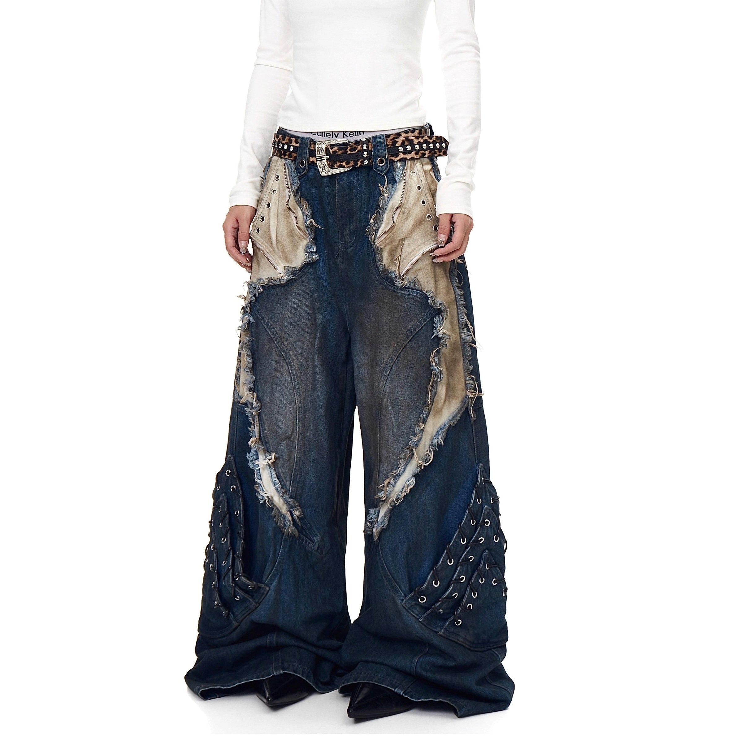 Industry Old Stained Patchwork Wide-leg Jeans BK7017