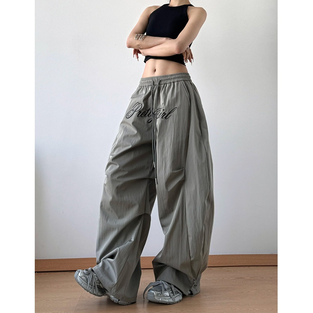 Letter Embroidery Pleated Paratrooper Curve Pants MW10169