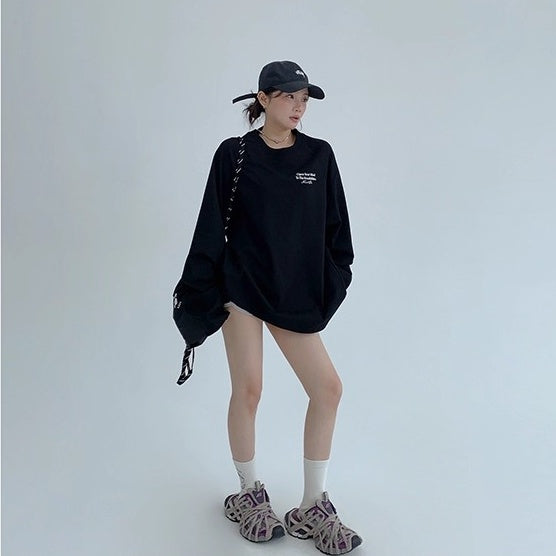 Relaxation Lazy Letter Print Long-sleeved T-shirt OS2036
