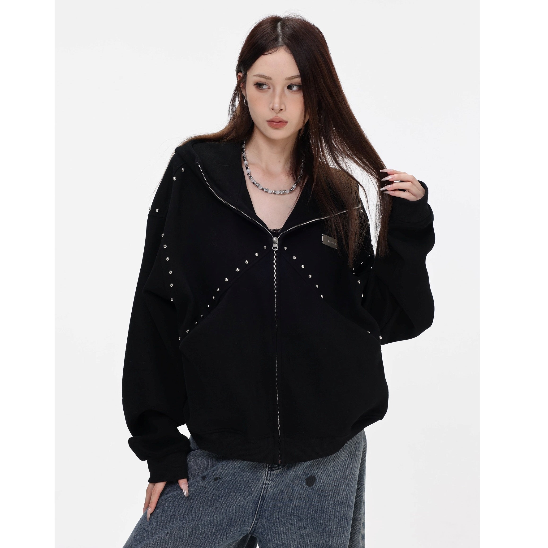 Stitched Rivet Zipper Hooded Jacket IN7016