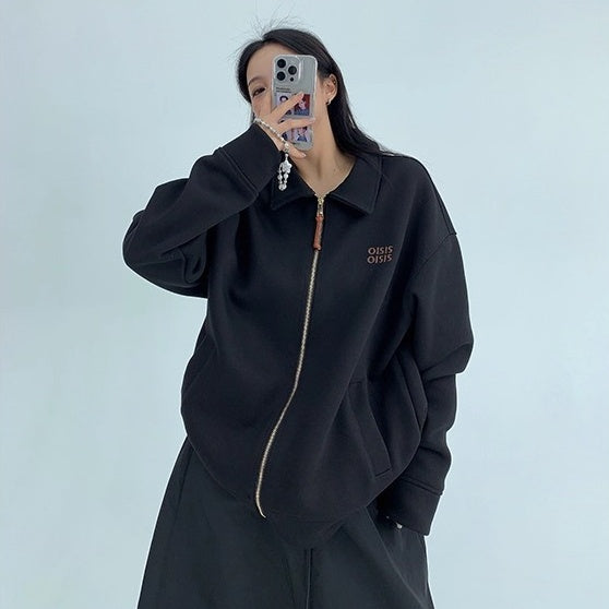 Drop Shoulder Embroidered Lapel Sweat Jacket OS2040