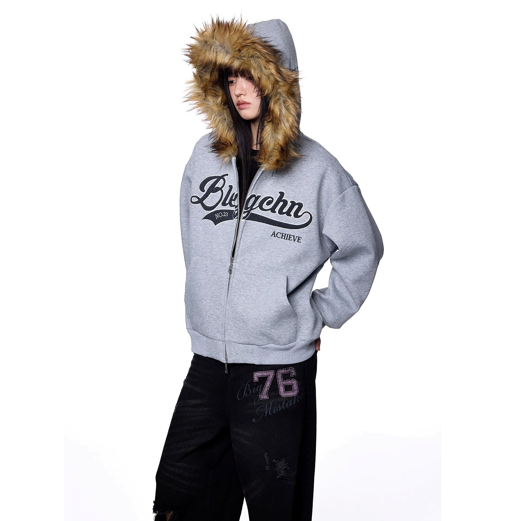Monogram Embroidered Fur Collar Hooded Sweat Jacket EZ262