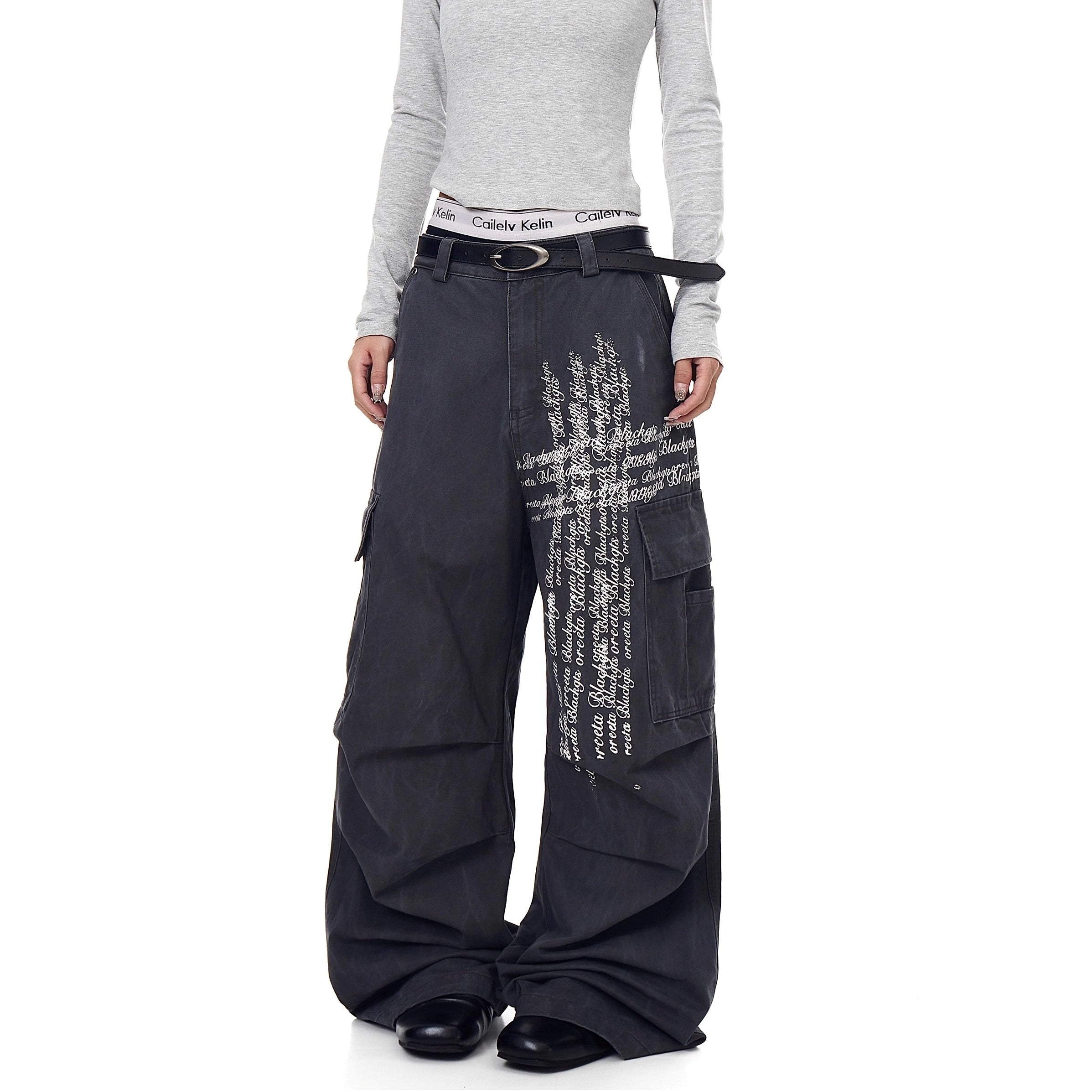 Washed Pleated Letter Print Cargo Pants BK7013