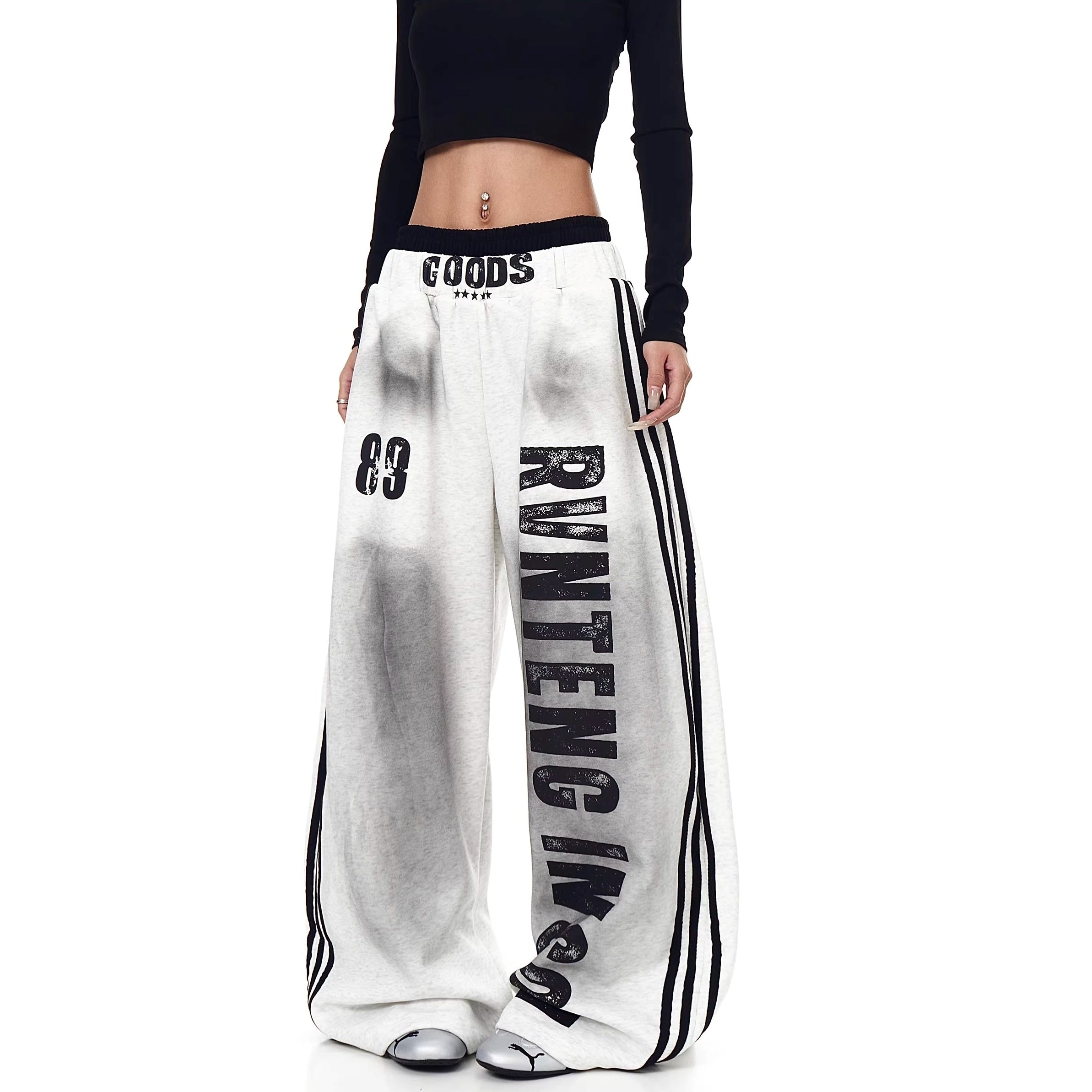 Double-waist Smuge Letter Printed Sweat Pants MW10385