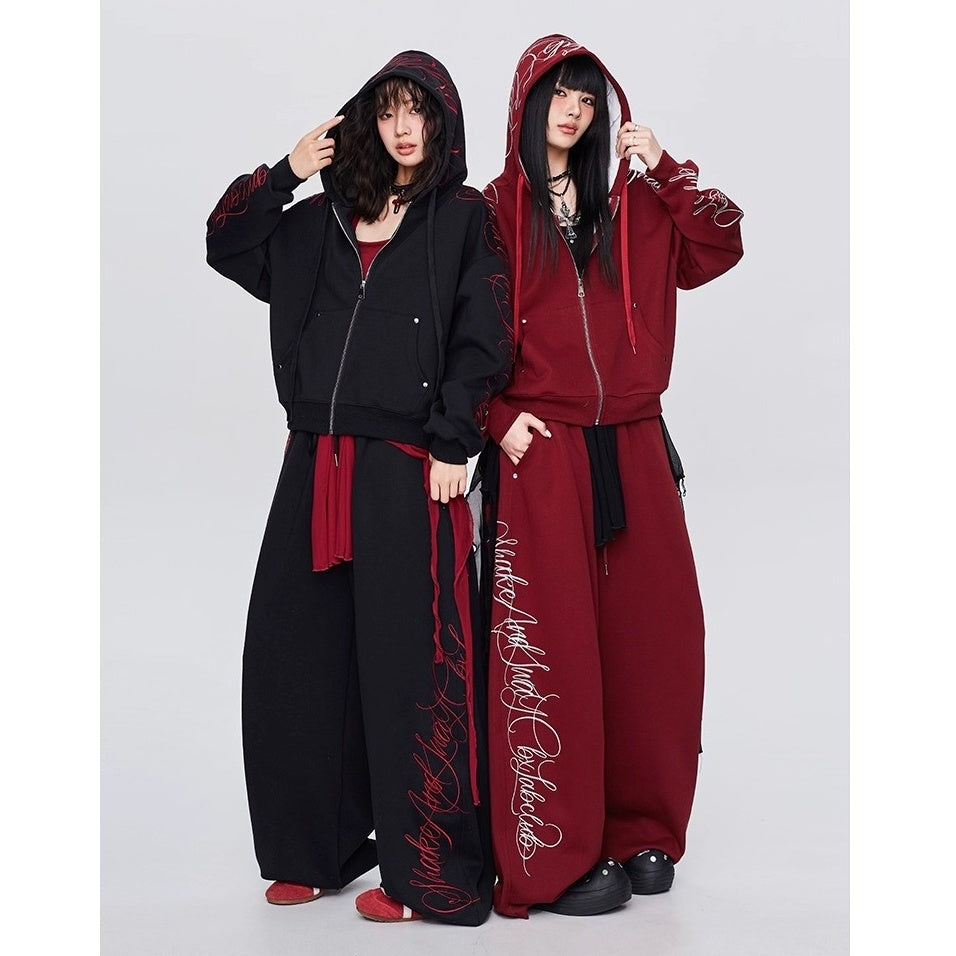 【上下別売り】Gothic Letter Embroidery Hooded Sweat Parka & Pants Set-up CB1001