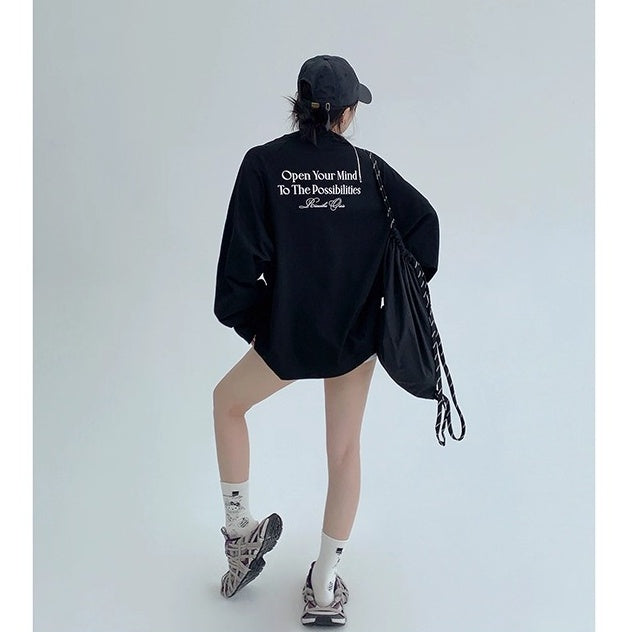 Relaxation Lazy Letter Print Long-sleeved T-shirt OS2036