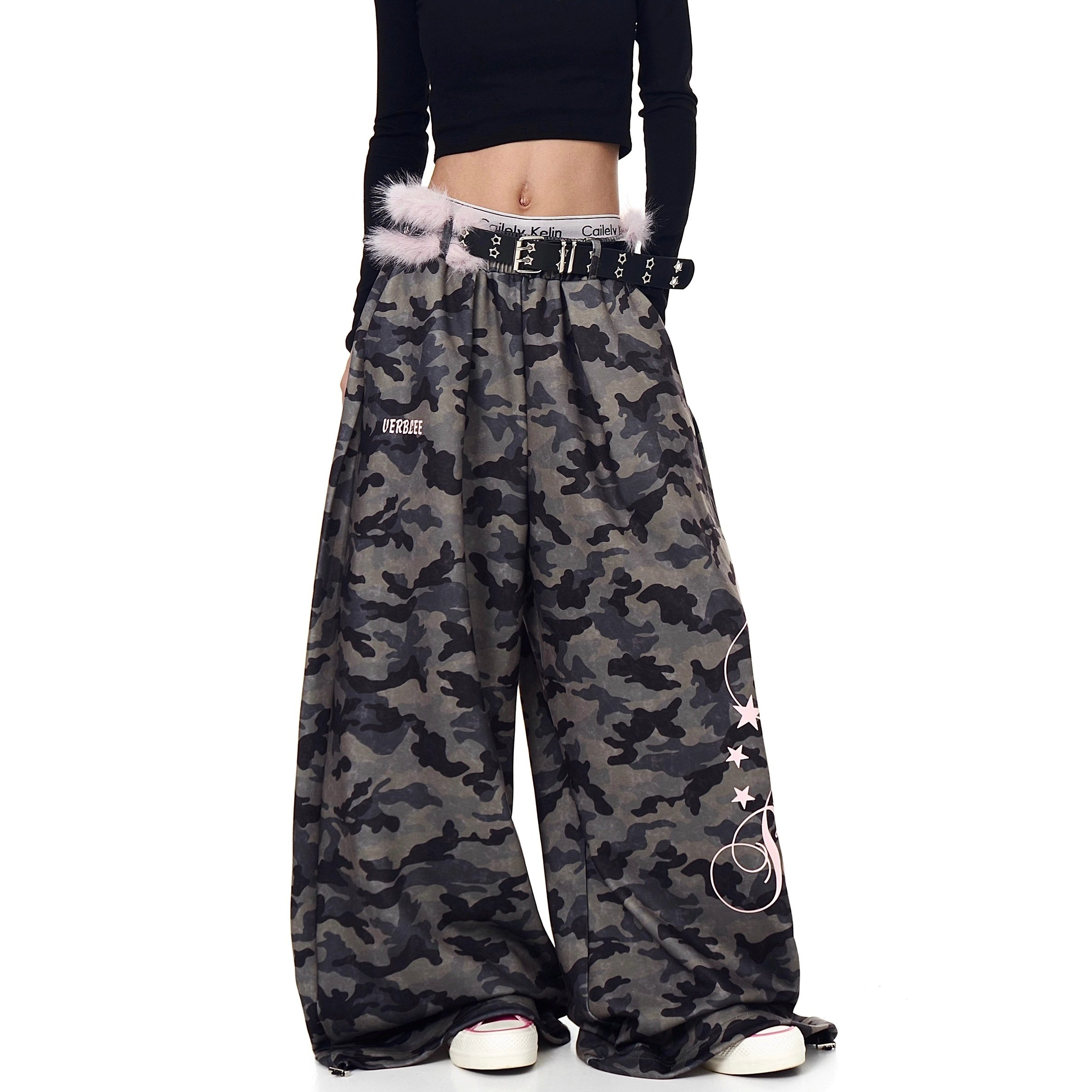 Letter Print Wide Sweat Pants With Fur Belt BK7026