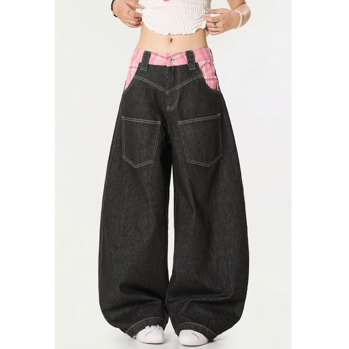 Check-panelled Curve Buggy Jeans MW10234